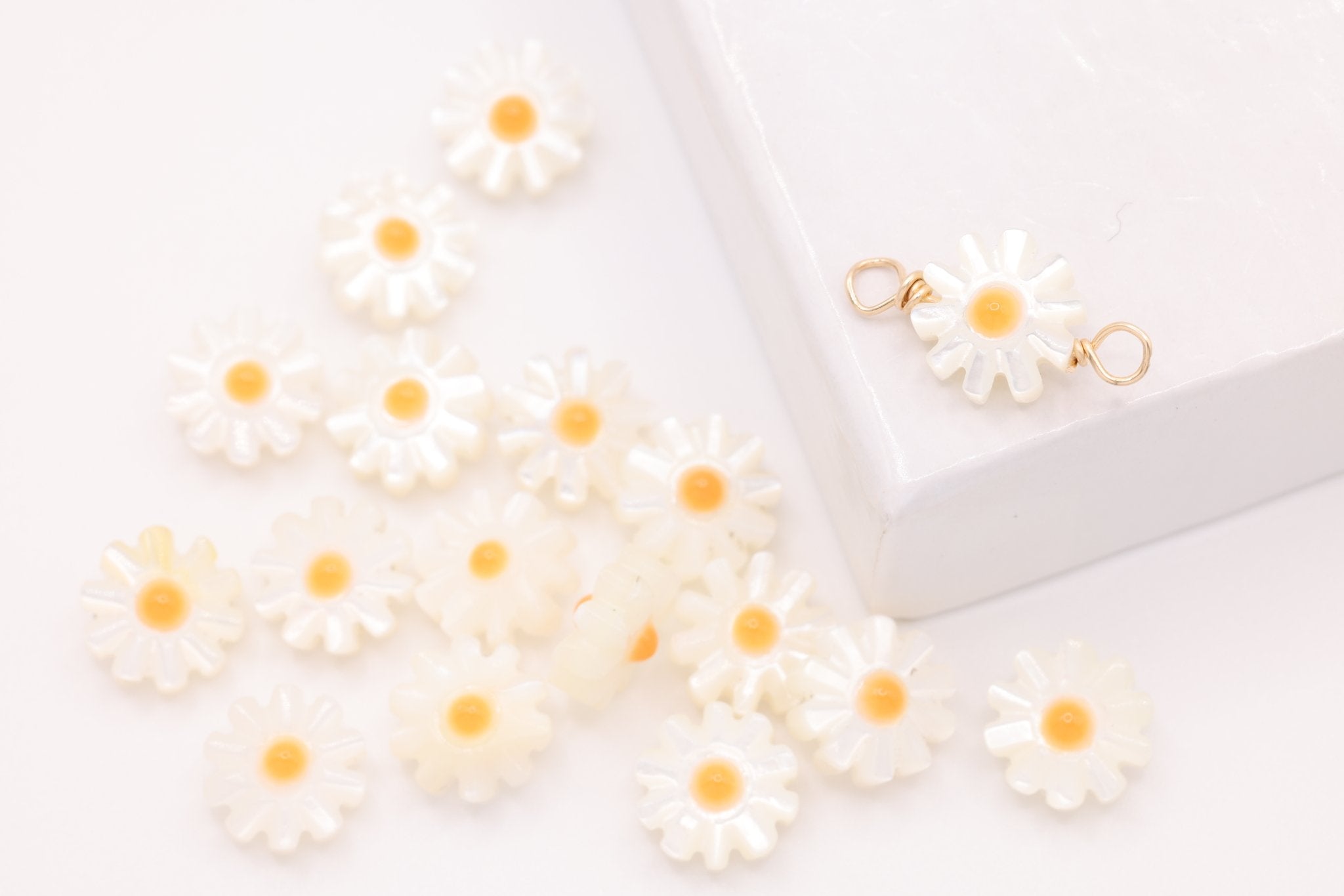 Mother of Pearl Daisy Connector Charm, Gold - Filled, 14mm x 7mm, Wire Wrapped, Bulk DIY Wholesale Jewelry Making Charm - HarperCrown