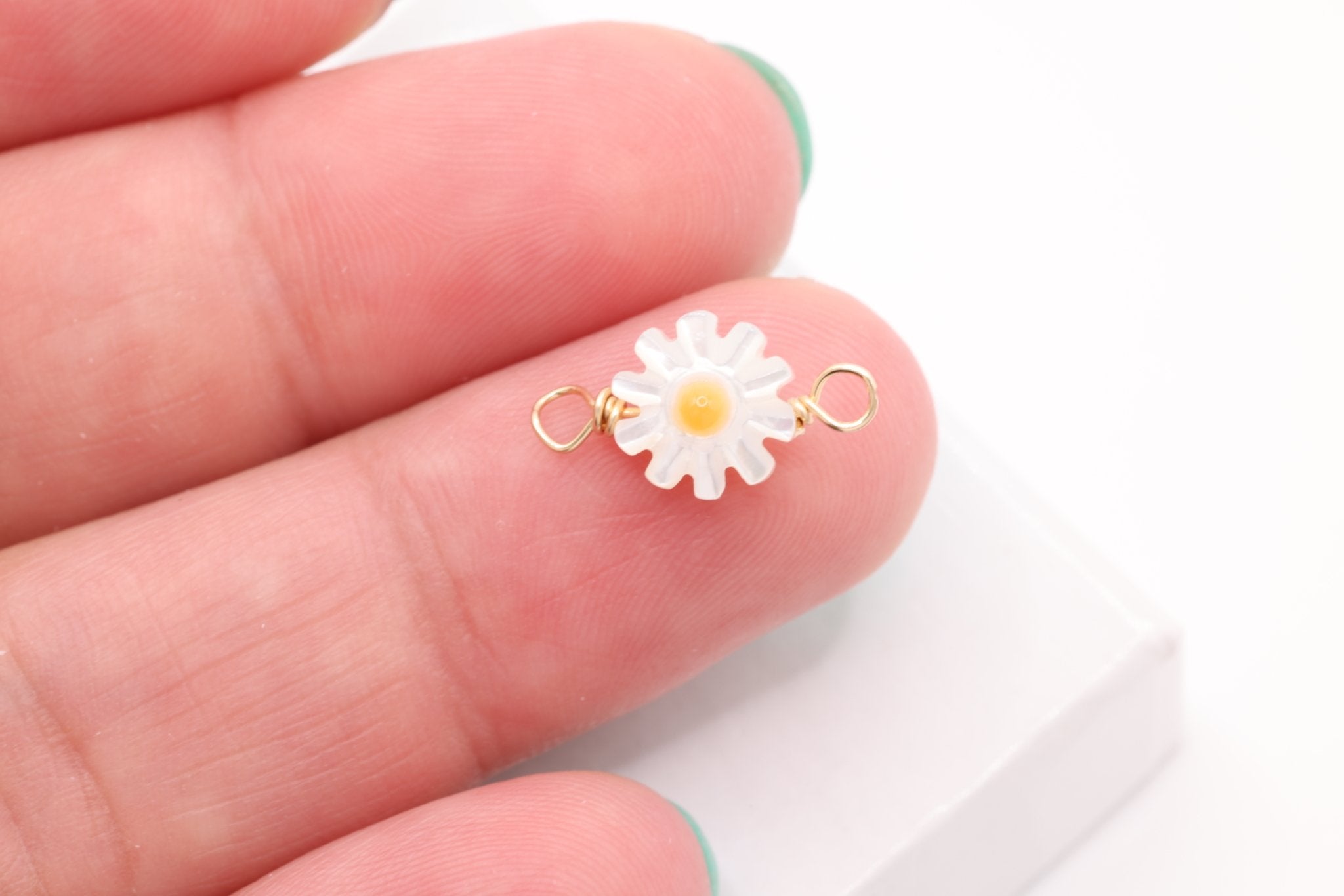 Mother of Pearl Daisy Connector Charm, Gold - Filled, 14mm x 7mm, Wire Wrapped, Bulk DIY Wholesale Jewelry Making Charm - HarperCrown