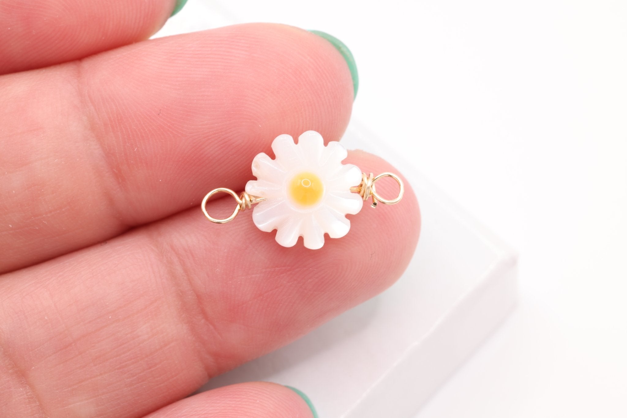 Mother of Pearl Daisy Connector Charm, Gold - Filled, 17mm x 10mm, Wire Wrapped, Bulk DIY Wholesale Jewelry Making Charm - HarperCrown