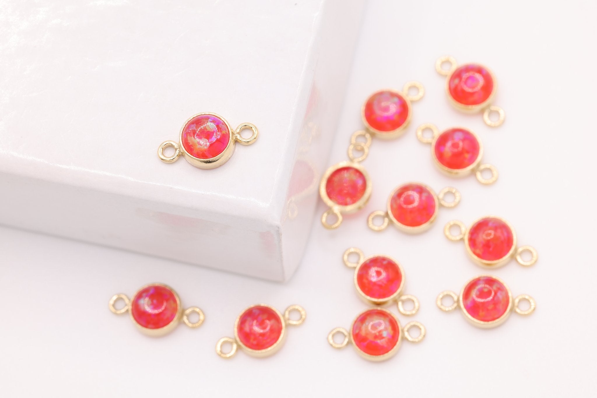 Opal July Birthstone Ruby Connector Charm, Gold - Filled, 4mm Opal, Bulk DIY Wholesale Jewelry Making Charm - HarperCrown