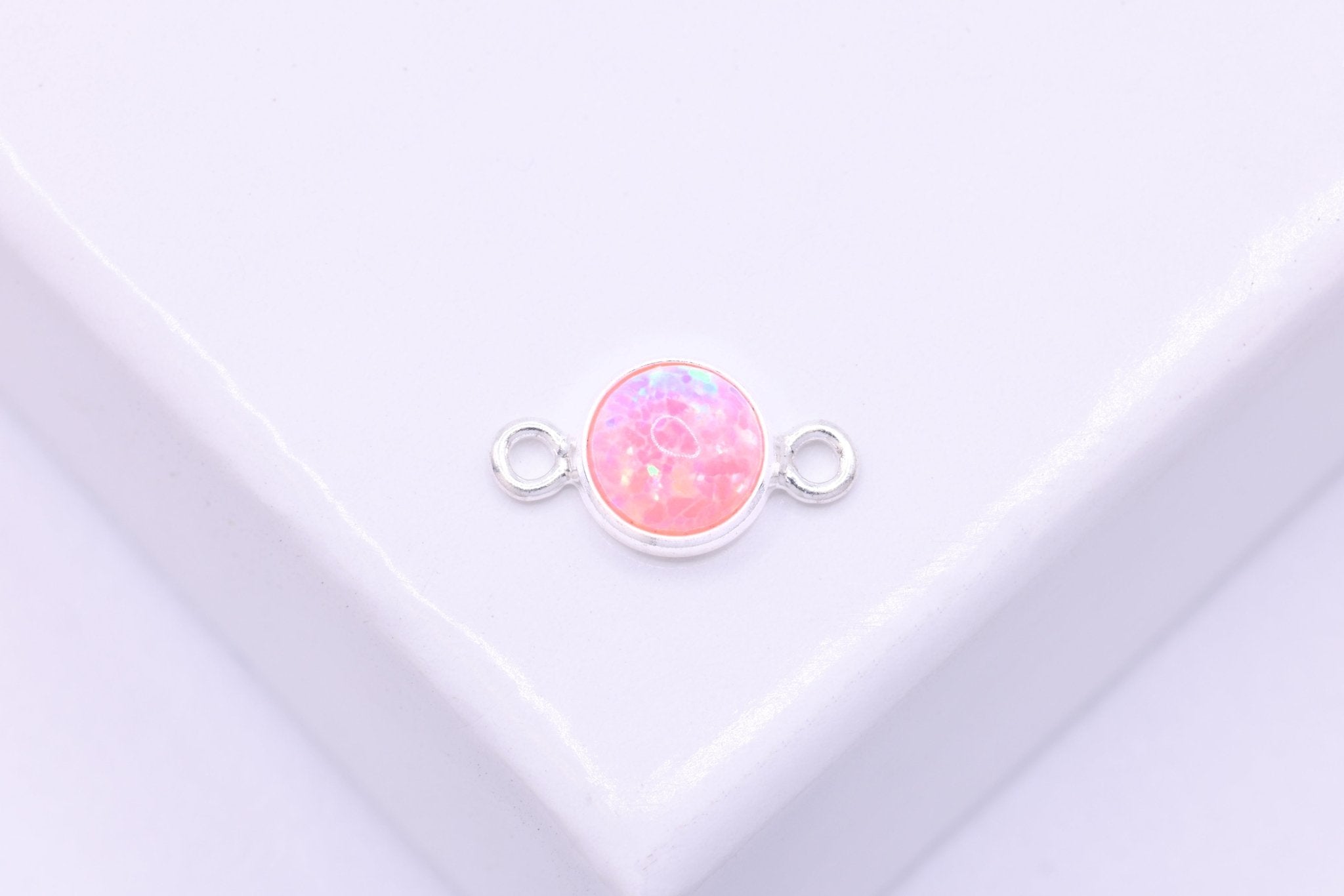 Opal October Birthstone Pink Connector Charm, 925 Sterling Silver, 4mm Opal, Bulk DIY Wholesale Jewelry Making Charm - HarperCrown