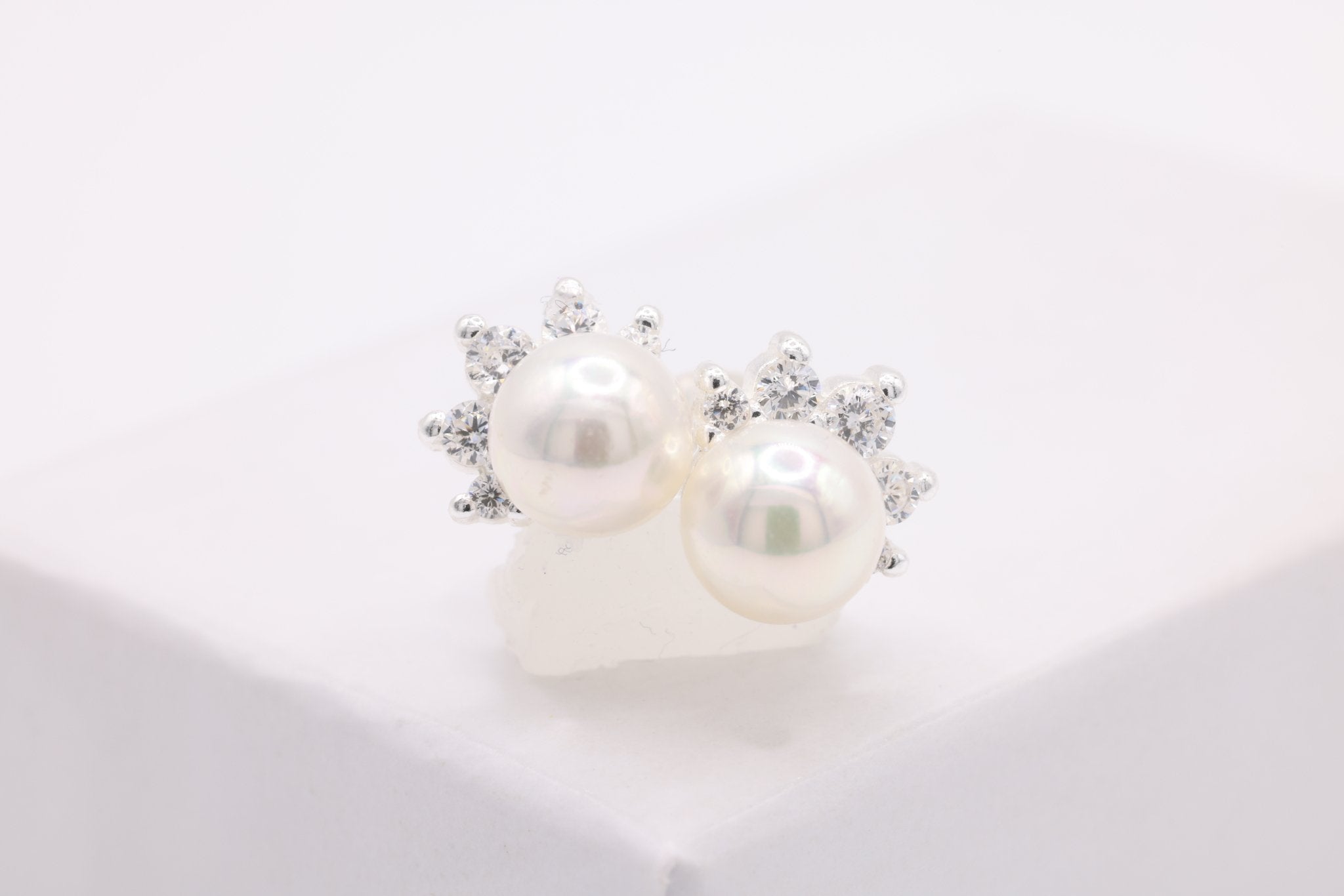 Pearl CZ Stud Earrings, 1 pair Sterling Silver, 7mm x 5mm, Minimalist Delicate, Wholesale Jewelry Earrings - HarperCrown