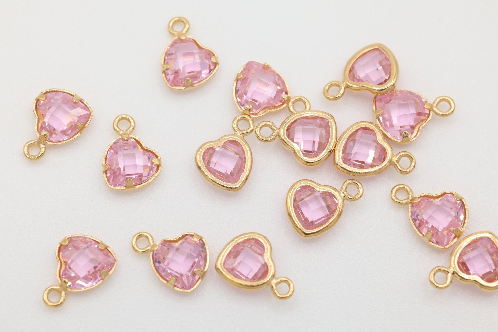 Pink CZ Heart Dangle Drop Charm, 14/20 Gold - Filled, 5mm x 5mm, Faceted Cubic Zirconia Stone, Jewelry Making Charm - HarperCrown