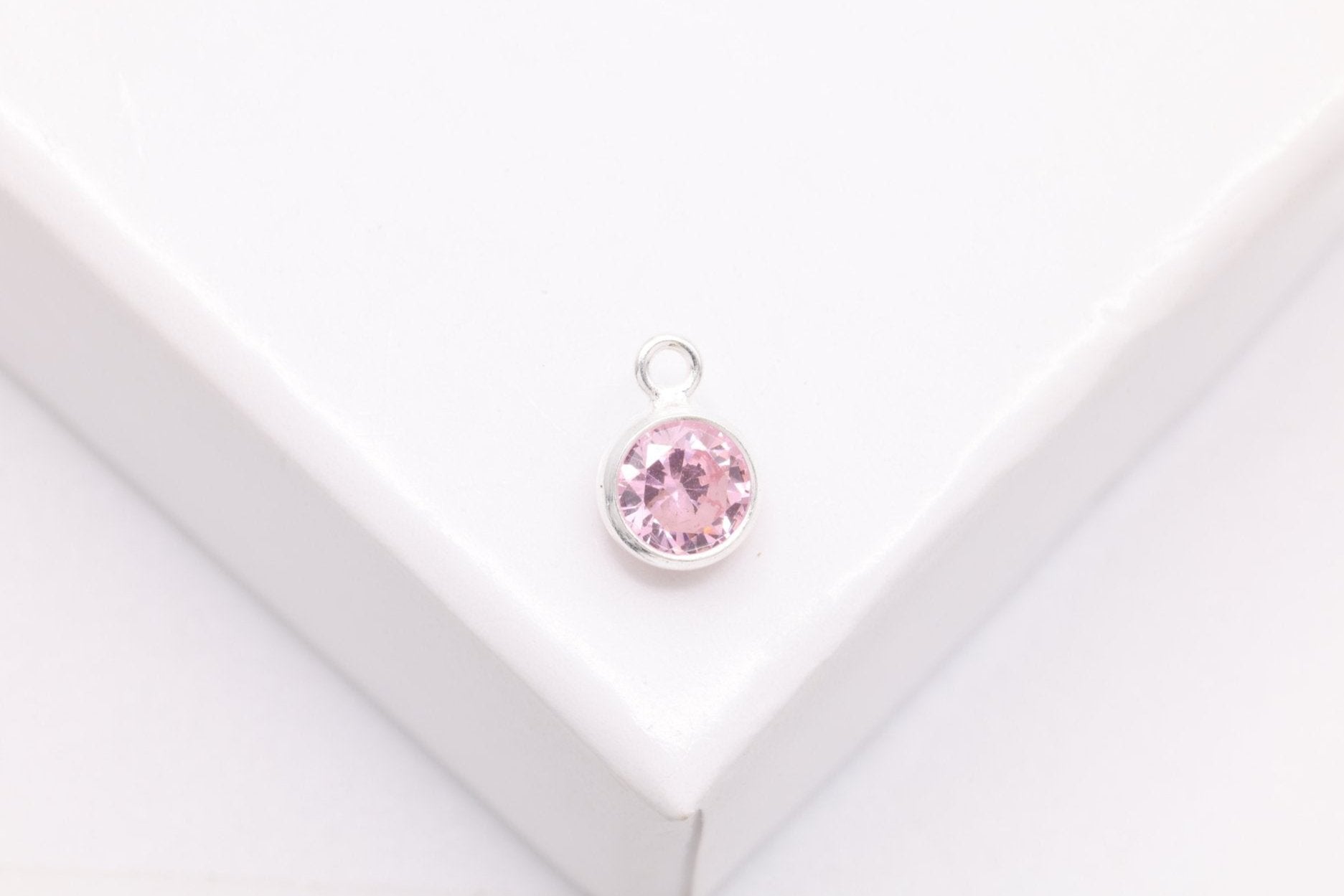 Pink Tourmaline CZ Drop Charm, October Birthstone, Sterling Silver, 6mm x 4mm, Wholesale Bulk DIY Wholesale Jewelry Making Charm - HarperCrown