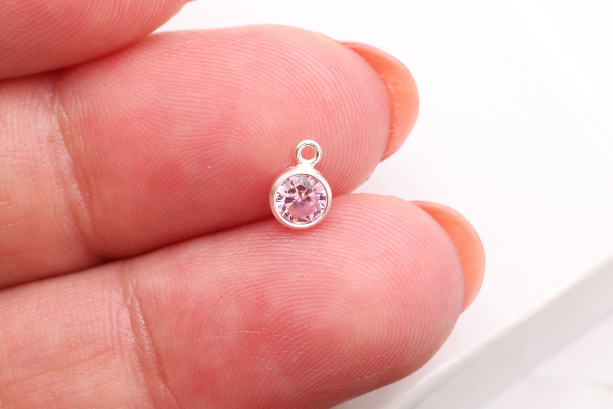 Pink Tourmaline CZ Drop Charm, October Birthstone, Sterling Silver, 6mm x 4mm, Wholesale Bulk DIY Wholesale Jewelry Making Charm - HarperCrown