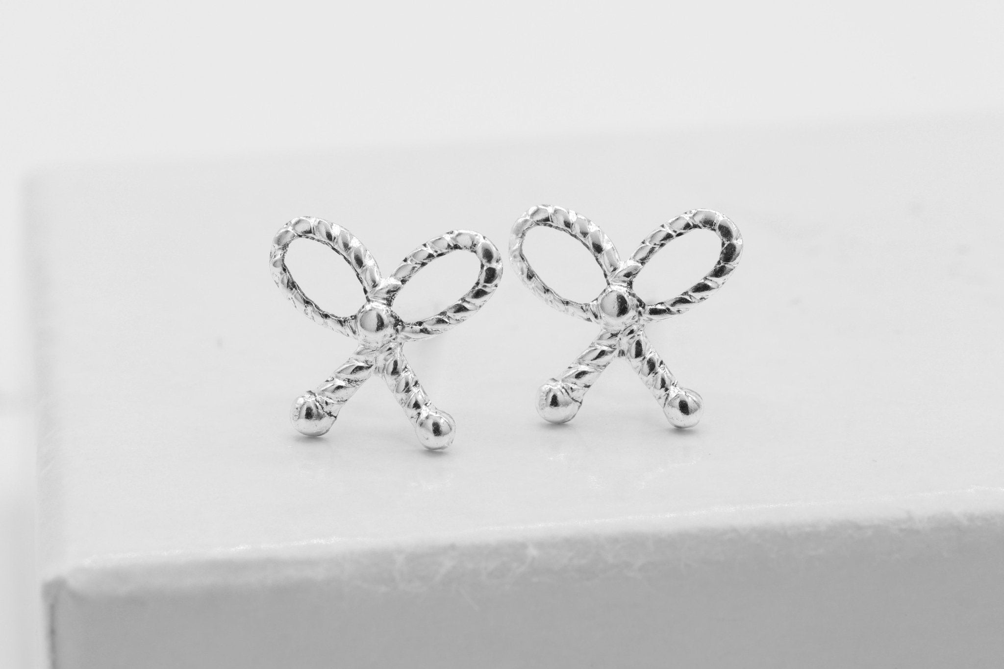 Ribbed Bow Stud Earring, 925 Sterling Silver, 8mm x 8mm, Wholesale, Jewelry Earrings - HarperCrown