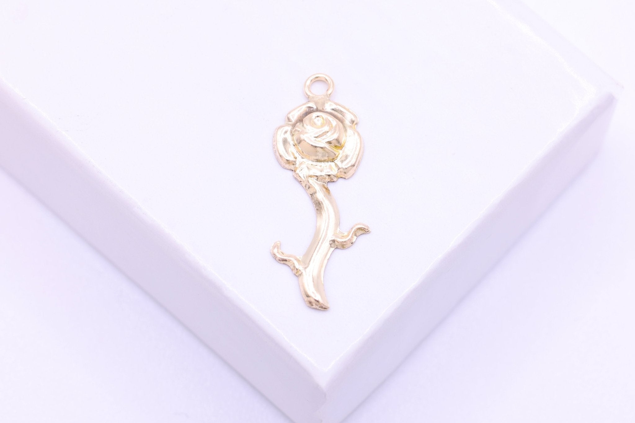 Rose Stem Charm, Wholesale, 14/20 Gold - Filled, 18mm x 7mm, Single - Stem Rosebud Bloom Charm - HarperCrown