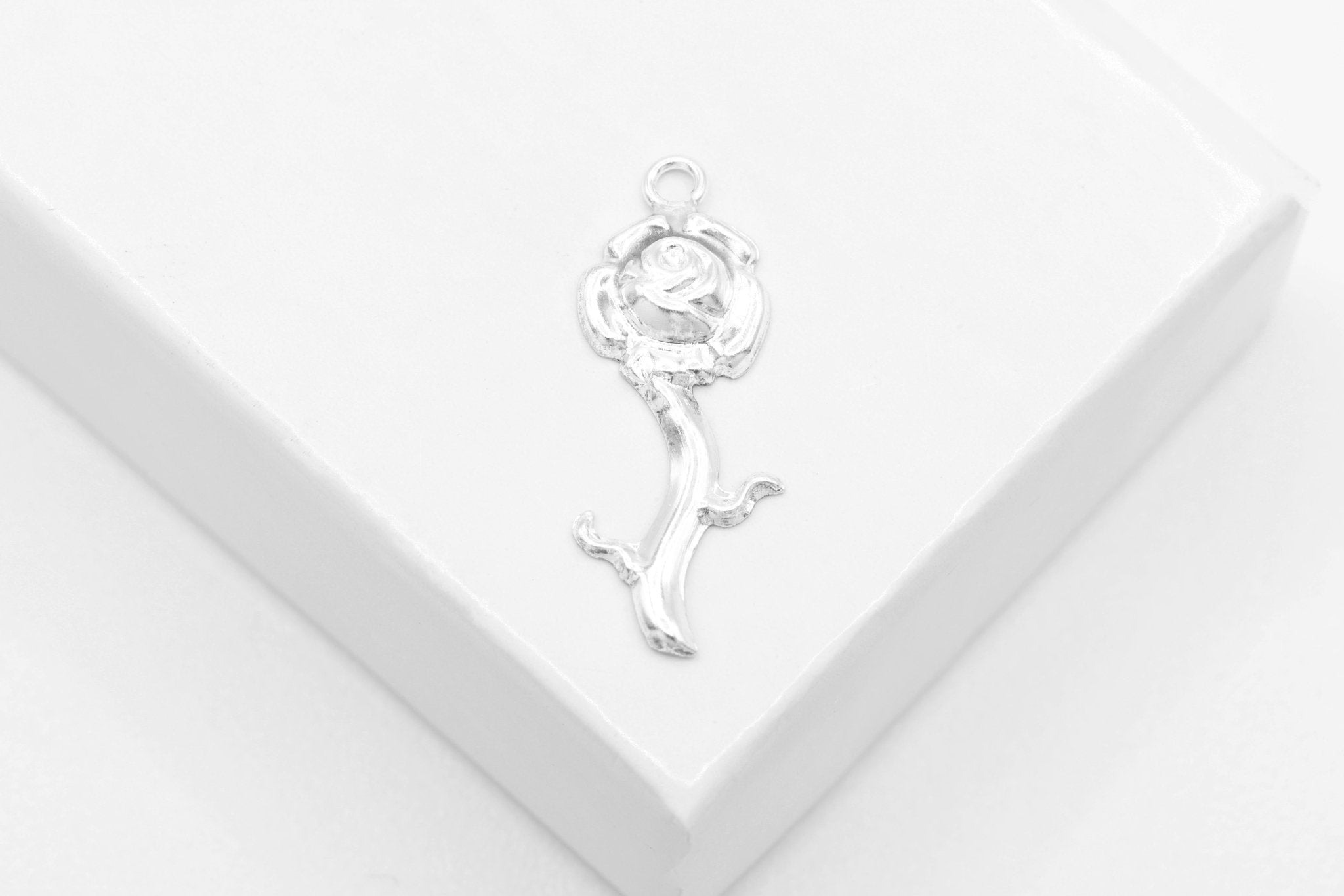 Rose Stem Charm, Wholesale, 925 Sterling Silver, 18mm x 7mm, Single - Stem Rosebud Bloom Charm - HarperCrown