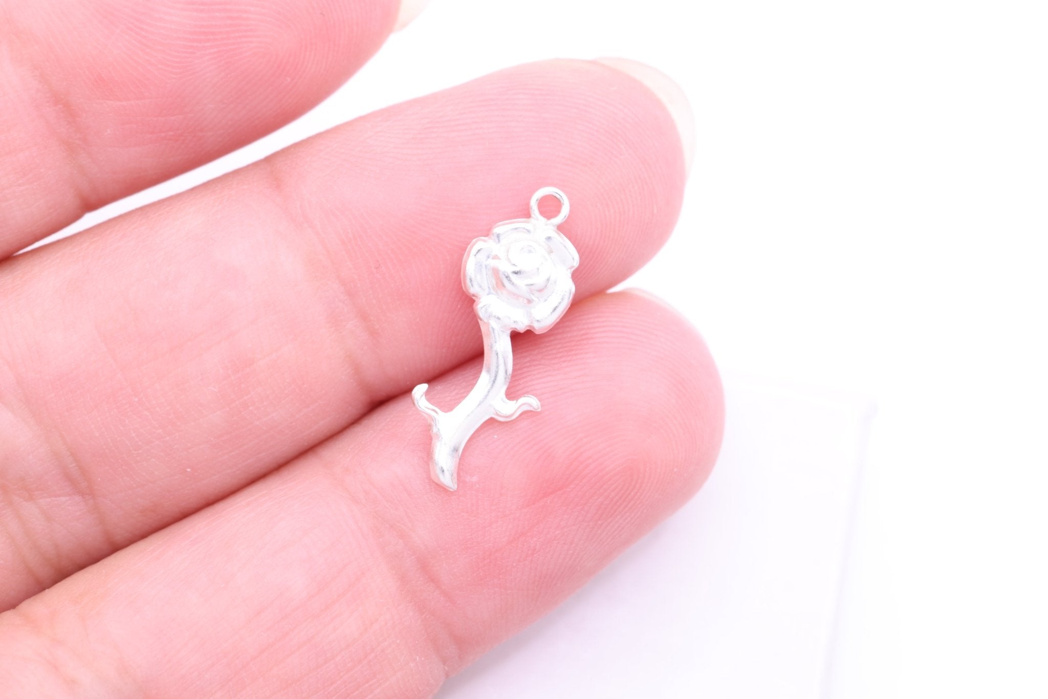 Rose Stem Charm, Wholesale, 925 Sterling Silver, 18mm x 7mm, Single - Stem Rosebud Bloom Charm - HarperCrown