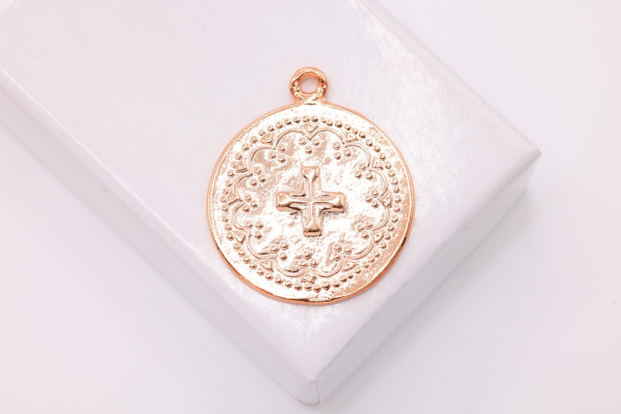 Round Cross Pendant, 18K Rose Gold - Plated 925 Sterling Silver, 25mm x 21mm, Communion Christian Catholic Cross - HarperCrown