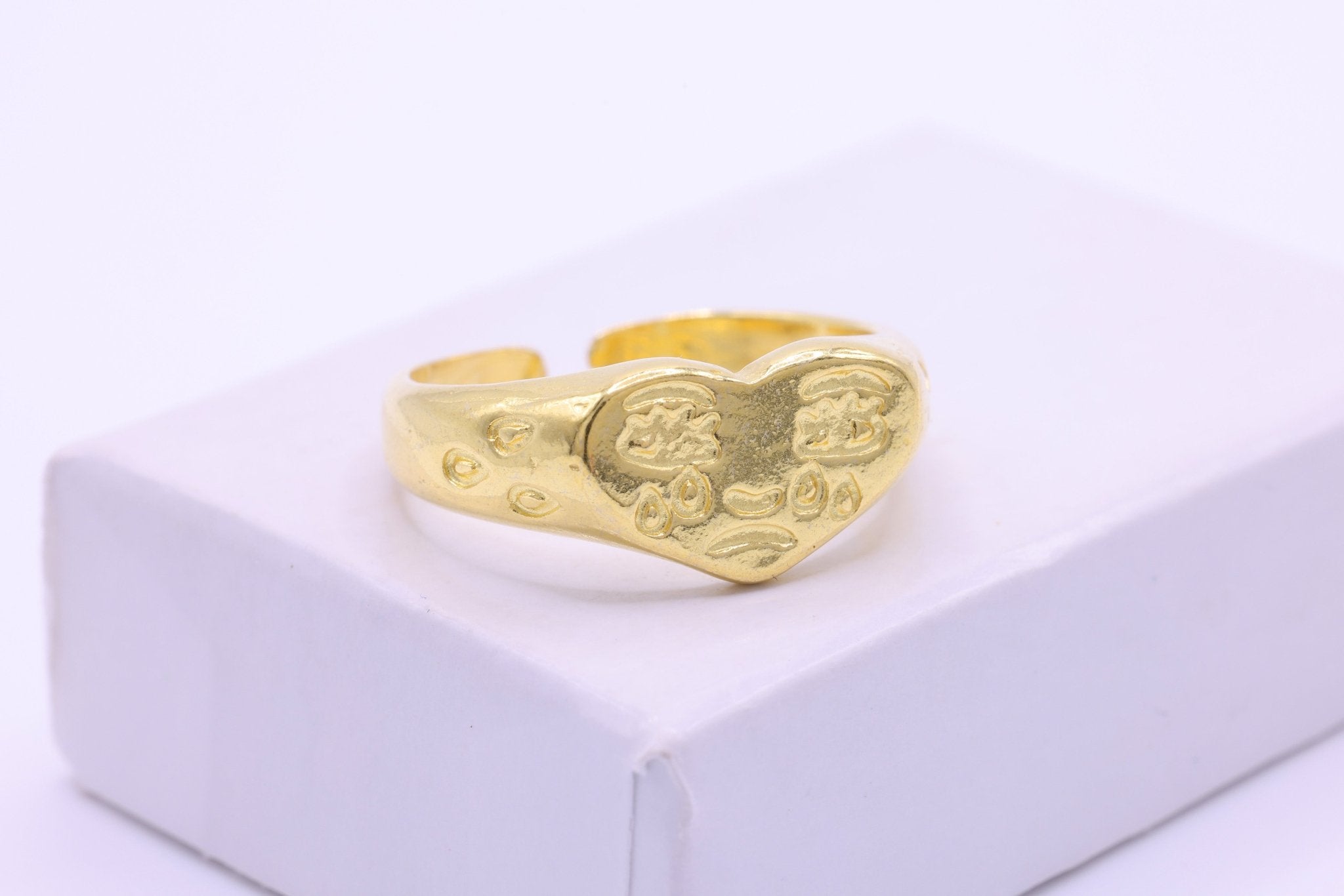 Sad Face Heart Ring, 925 Sterling Silver 18K Gold - Plated, Vermeil Fun Face Ring Signet Ring Crying Heart Face Ring Adjustable Ring - HarperCrown