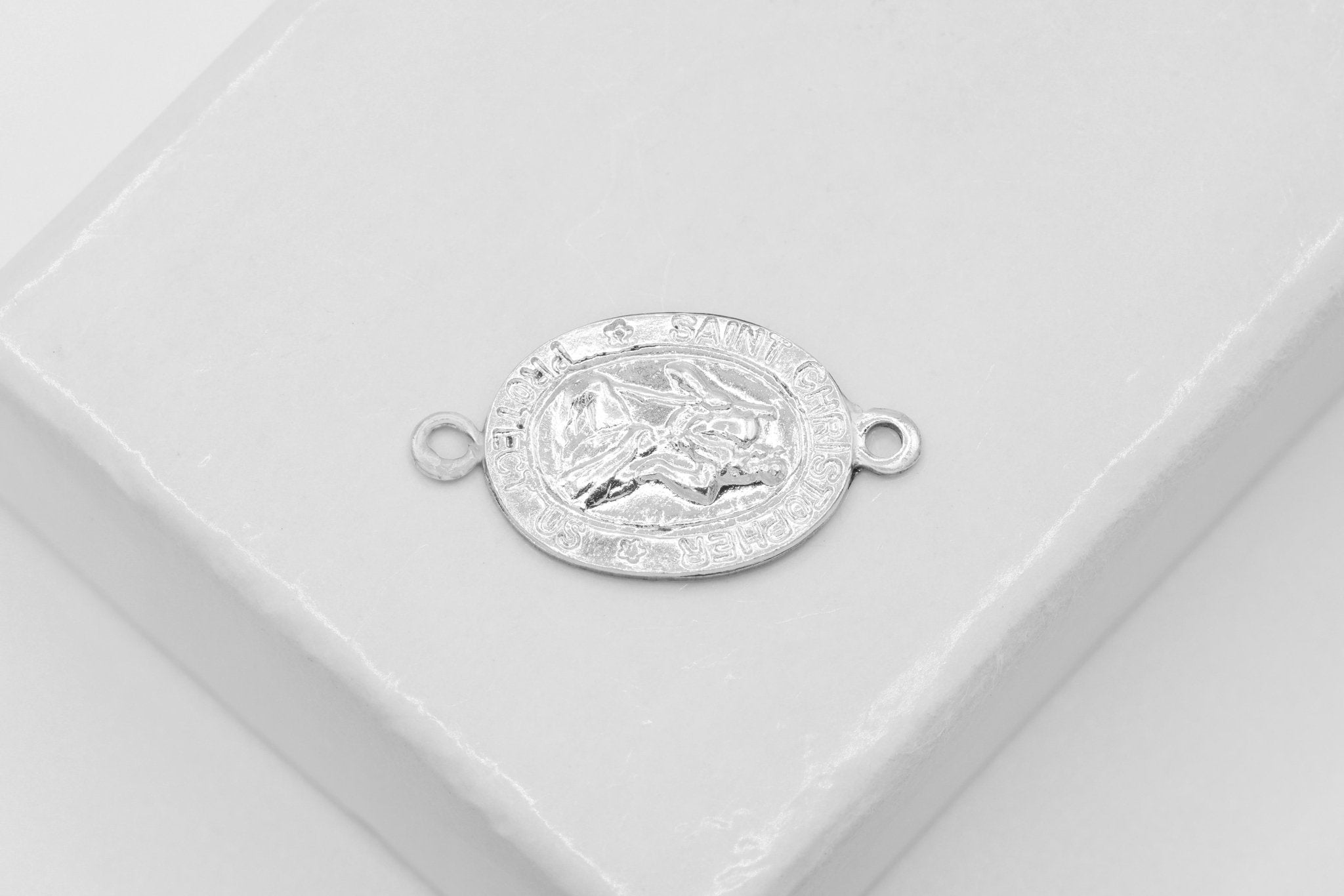 Saint Christopher Connector Charm, Wholesale, 925 Sterling Silver, 12mm x 9mm, Rosary Catholic Medallion Coin Patron Saint - HarperCrown