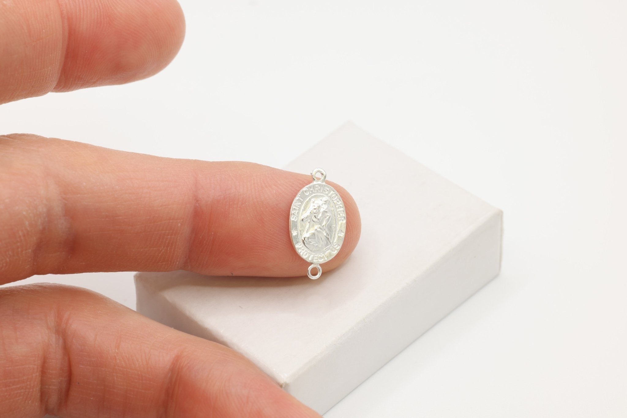 Saint Christopher Connector Charm, Wholesale, 925 Sterling Silver, 12mm x 9mm, Rosary Catholic Medallion Coin Patron Saint - HarperCrown