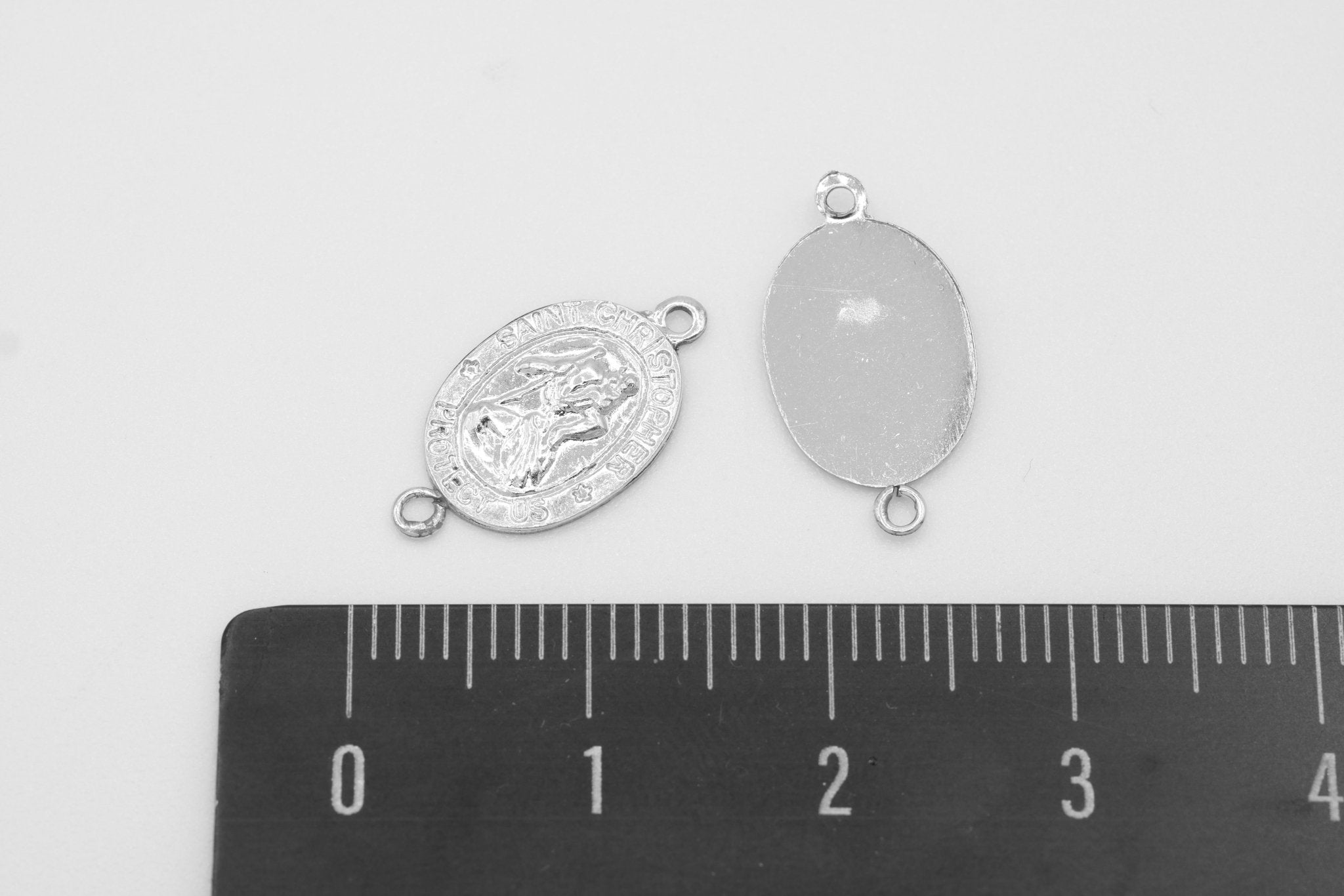Saint Christopher Connector Charm, Wholesale, 925 Sterling Silver, 12mm x 9mm, Rosary Catholic Medallion Coin Patron Saint - HarperCrown