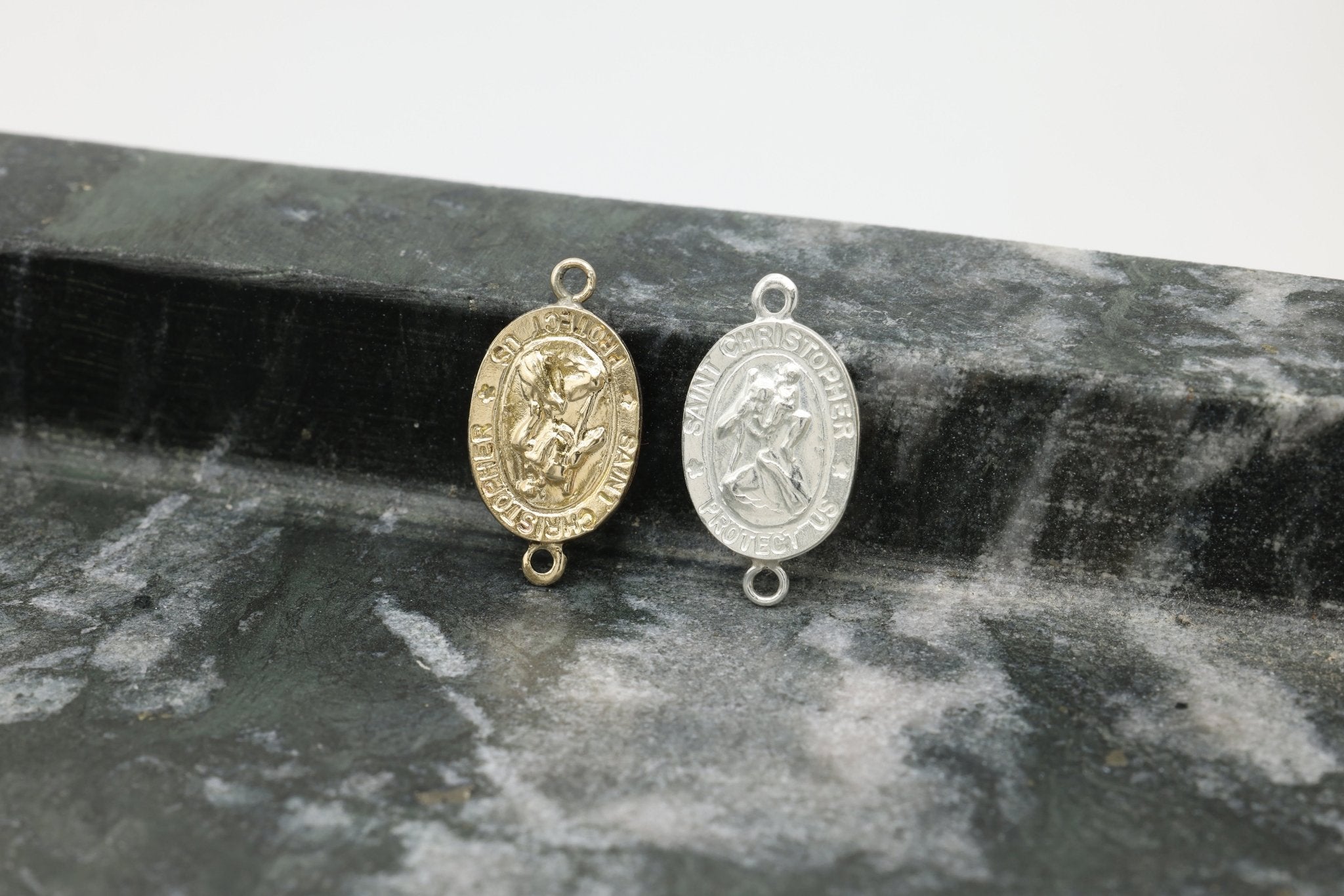 Saint Christopher Connector Charm, Wholesale, 925 Sterling Silver, 12mm x 9mm, Rosary Catholic Medallion Coin Patron Saint - HarperCrown