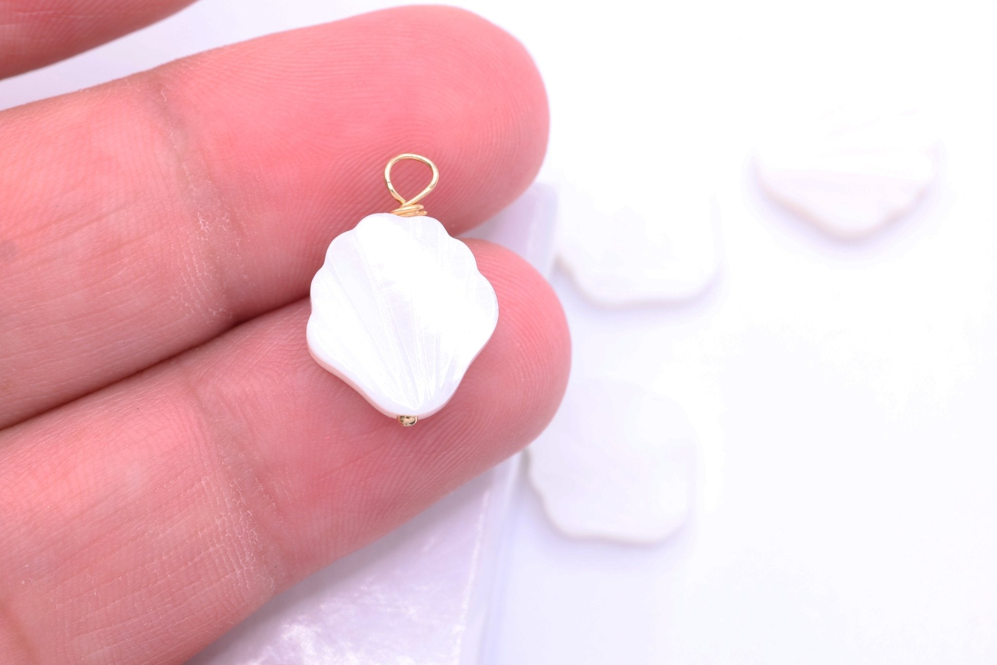 Scallop Shell Mother of Pearl Charm, 14/20 Gold - Filled Wire, 13mm x 13mm, Bulk DIY Wholesale Jewelry Making Charm - HarperCrown