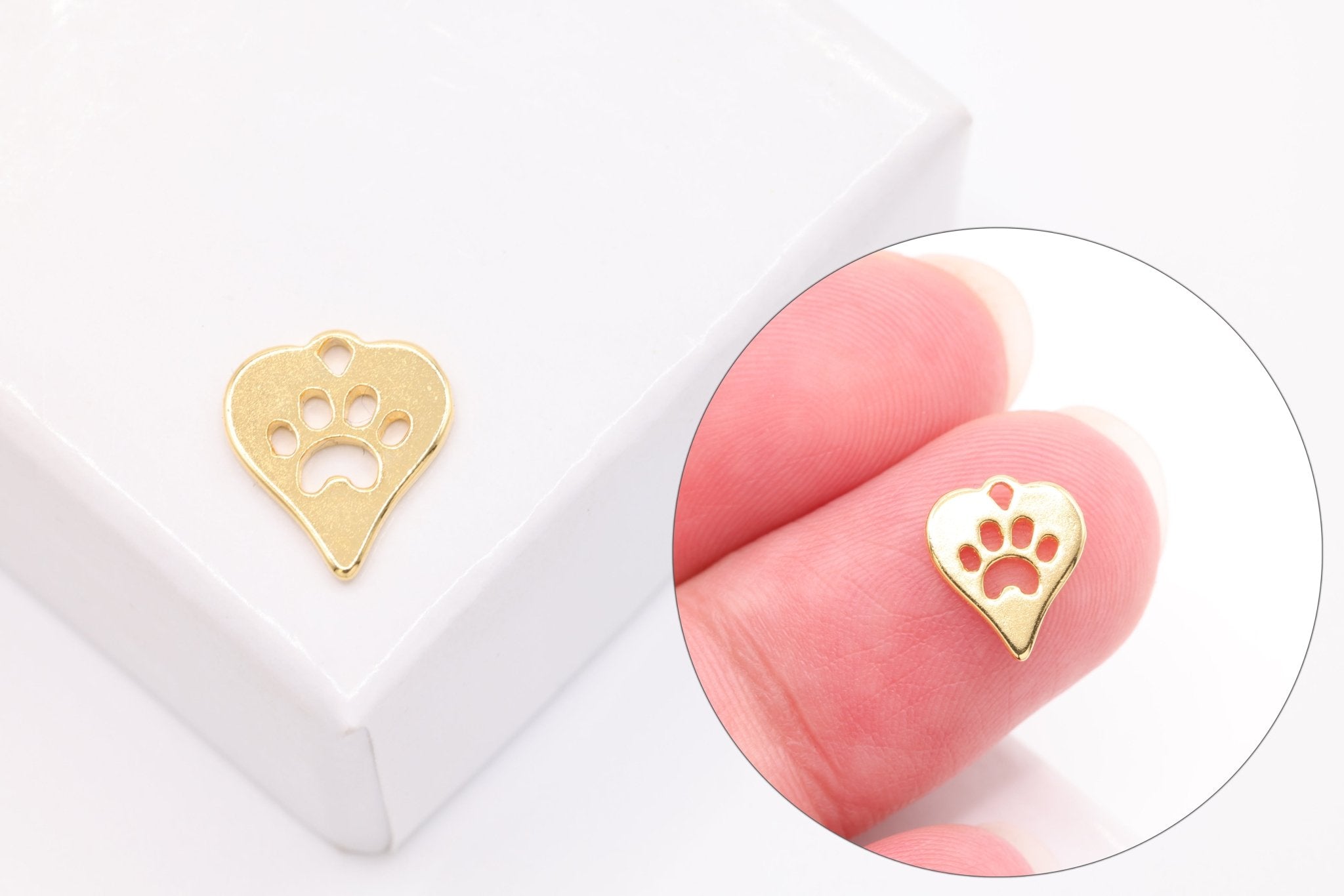 Shiny Vermeil Wholesale Gold Heart Dog Cat Paw Charm, 18K Gold Plated Sterling Silver, Paw Cut Out Charm, Animal Paw, Dog Foot Print - HarperCrown
