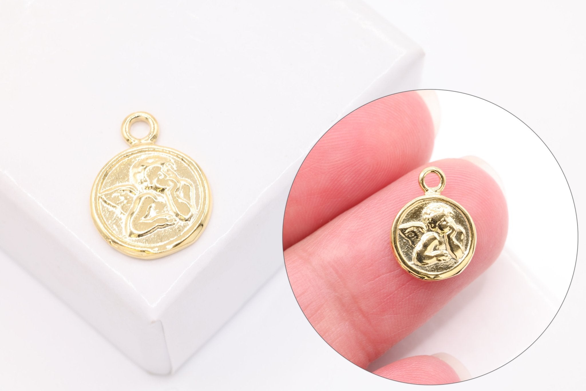 Small Angel Face Round Charm, Vermeil Gold, Angel With Wings, Cupid Charm, 12mm Disc, Cherubic Angel - HarperCrown