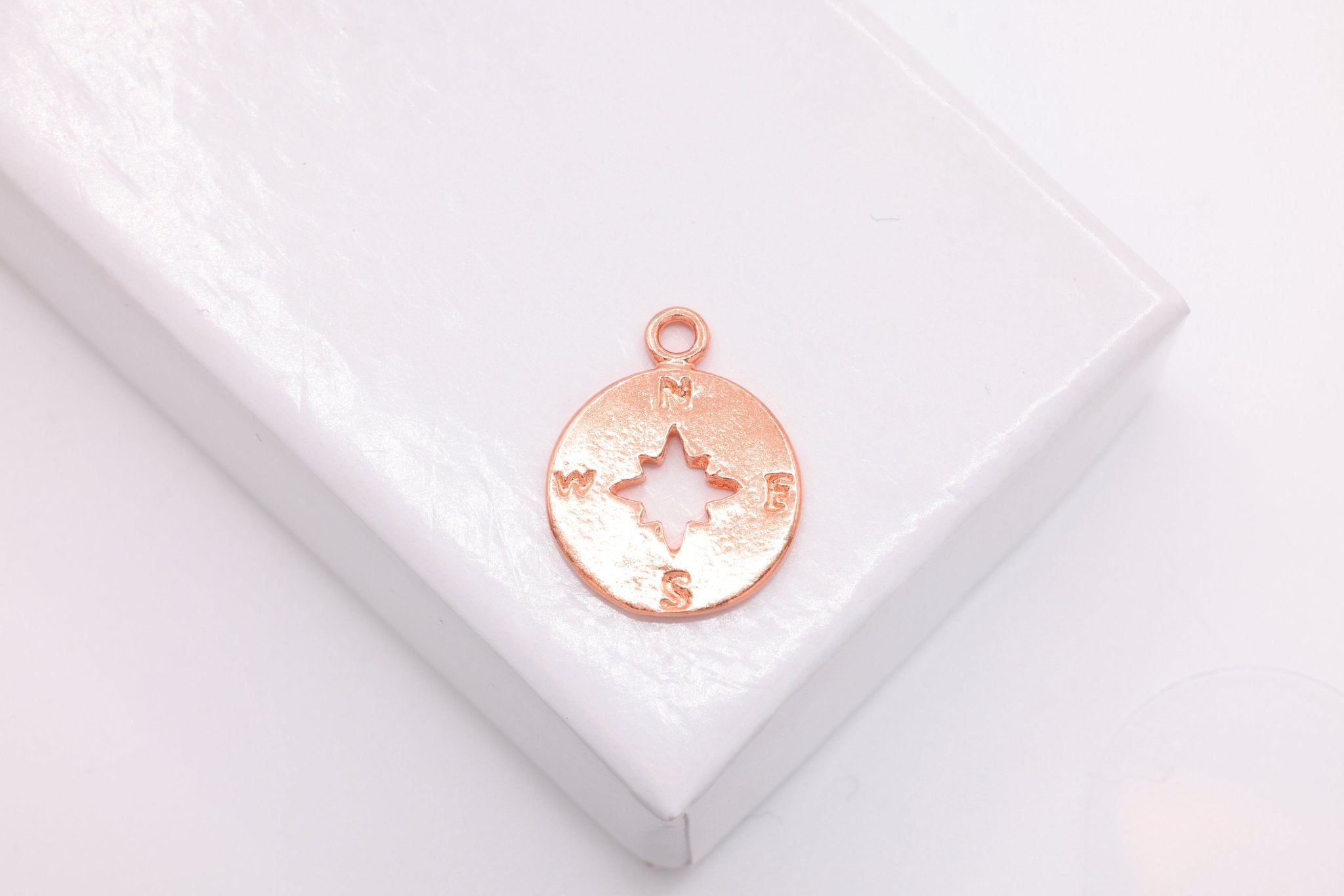 Small Compass Charm, Wholesale, 18K Rose Gold - Plated 925 Sterling Silver, 11mm x 11mm, True North Charm - HarperCrown
