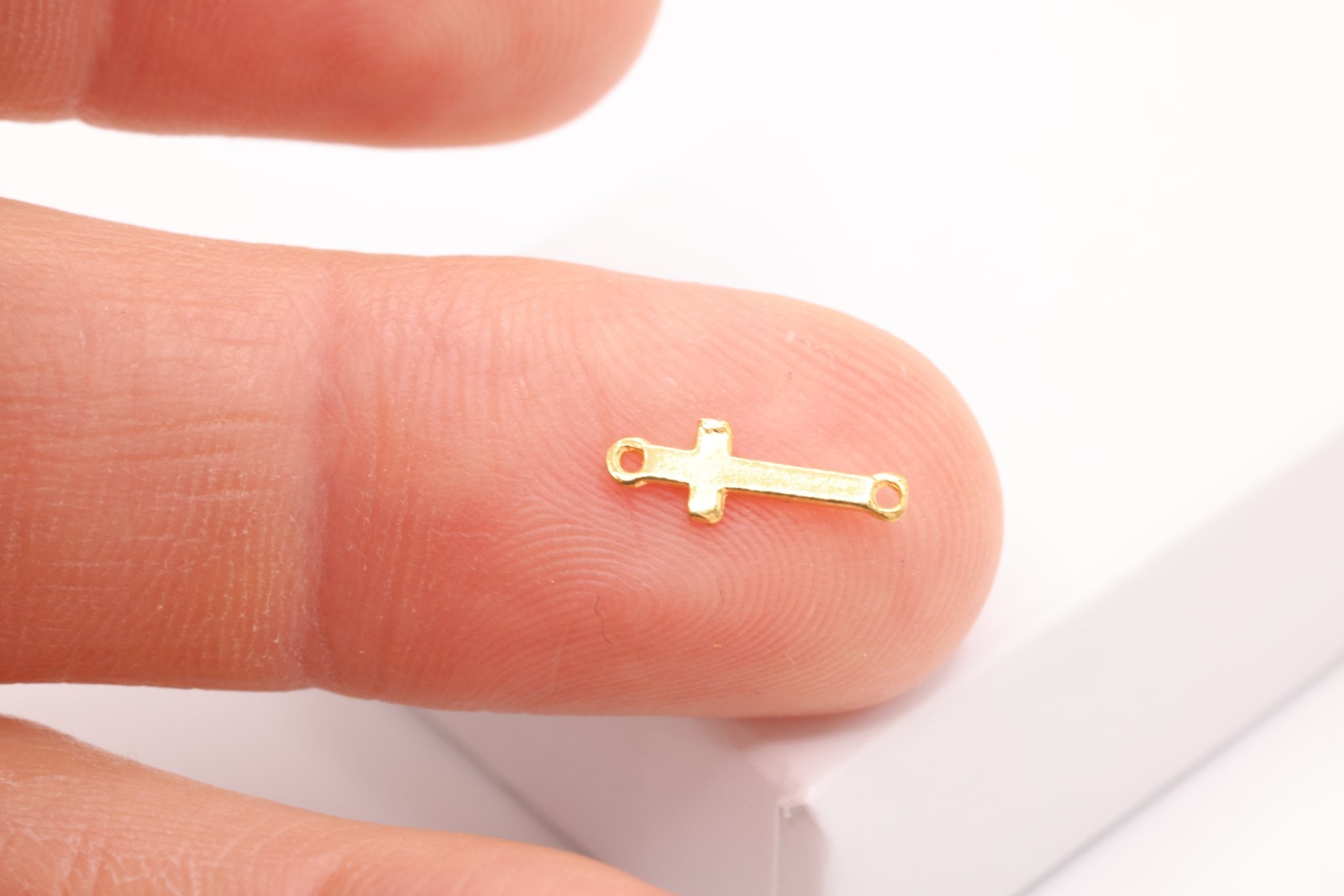 Small Cross Connector Charm, Solid 14K Gold, 12mm x 4mm, Wholesale Bulk DIY Jewelry Making Charms - HarperCrown