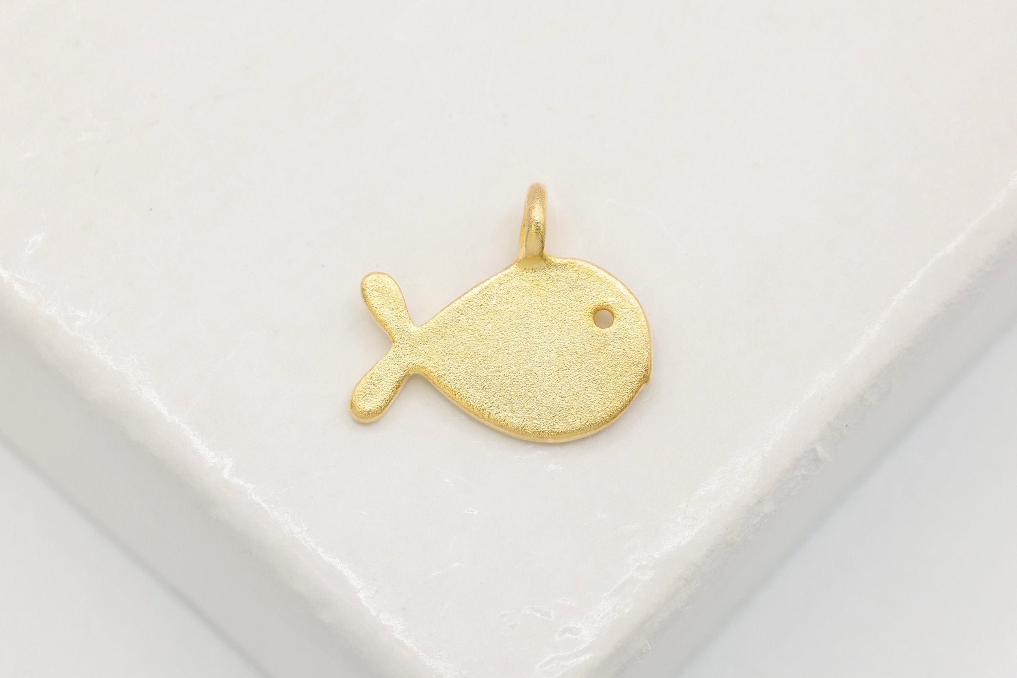 Small Gold Fish Charm, Wholesale, 18K Matte Gold - Plated 925 Sterling Silver, 10mm x 10mm, Sea Fish Sea Life Ocean Swimming Fish - HarperCrown