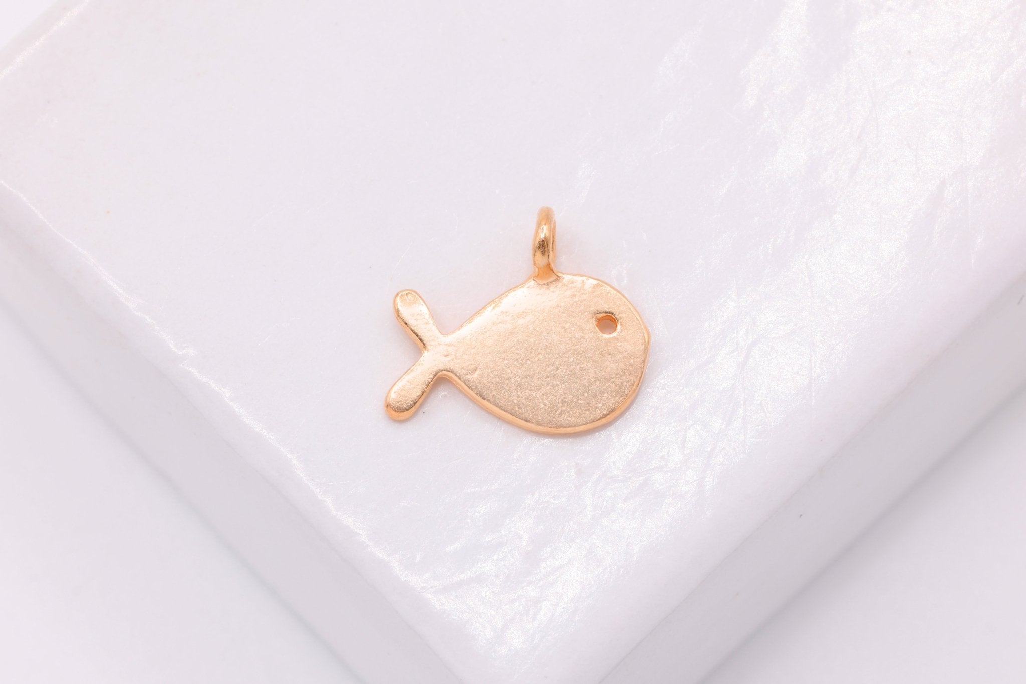 Small Gold Fish Charm, Wholesale, 18K Rose Gold - Plated 925 Sterling Silver, 10mm x 10mm, Sea Fish Sea Life Ocean Swimming Fish - HarperCrown