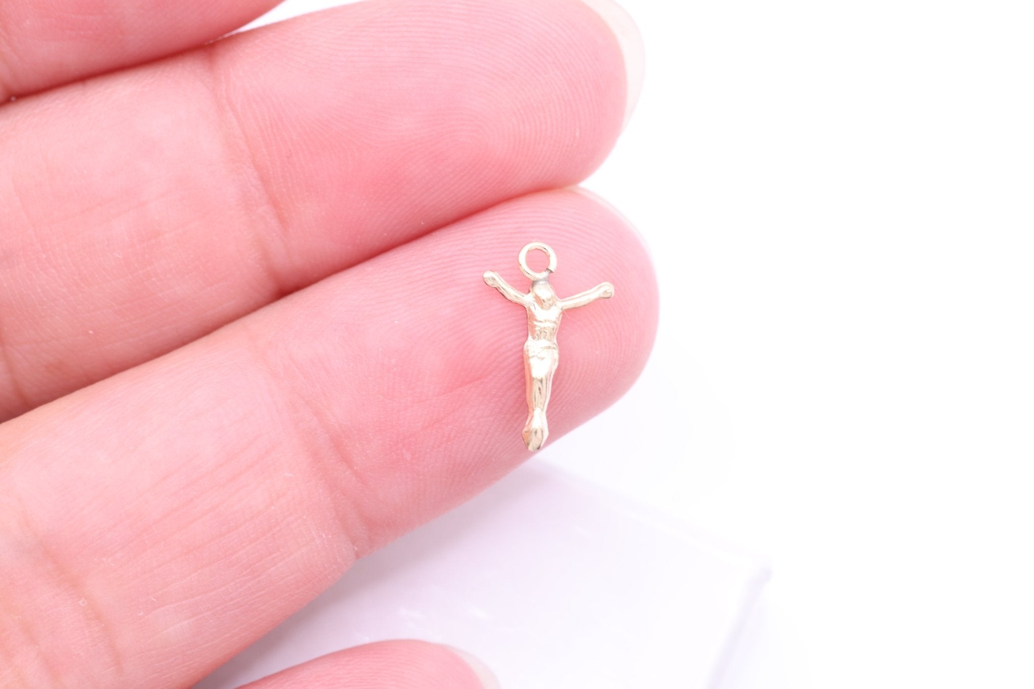 Small Jesus Corpus Crucifix Charm, Wholesale, 14/20 Gold - Filled, 13mm x 8mm, Passion of Christ Permanent Jewelry - HarperCrown