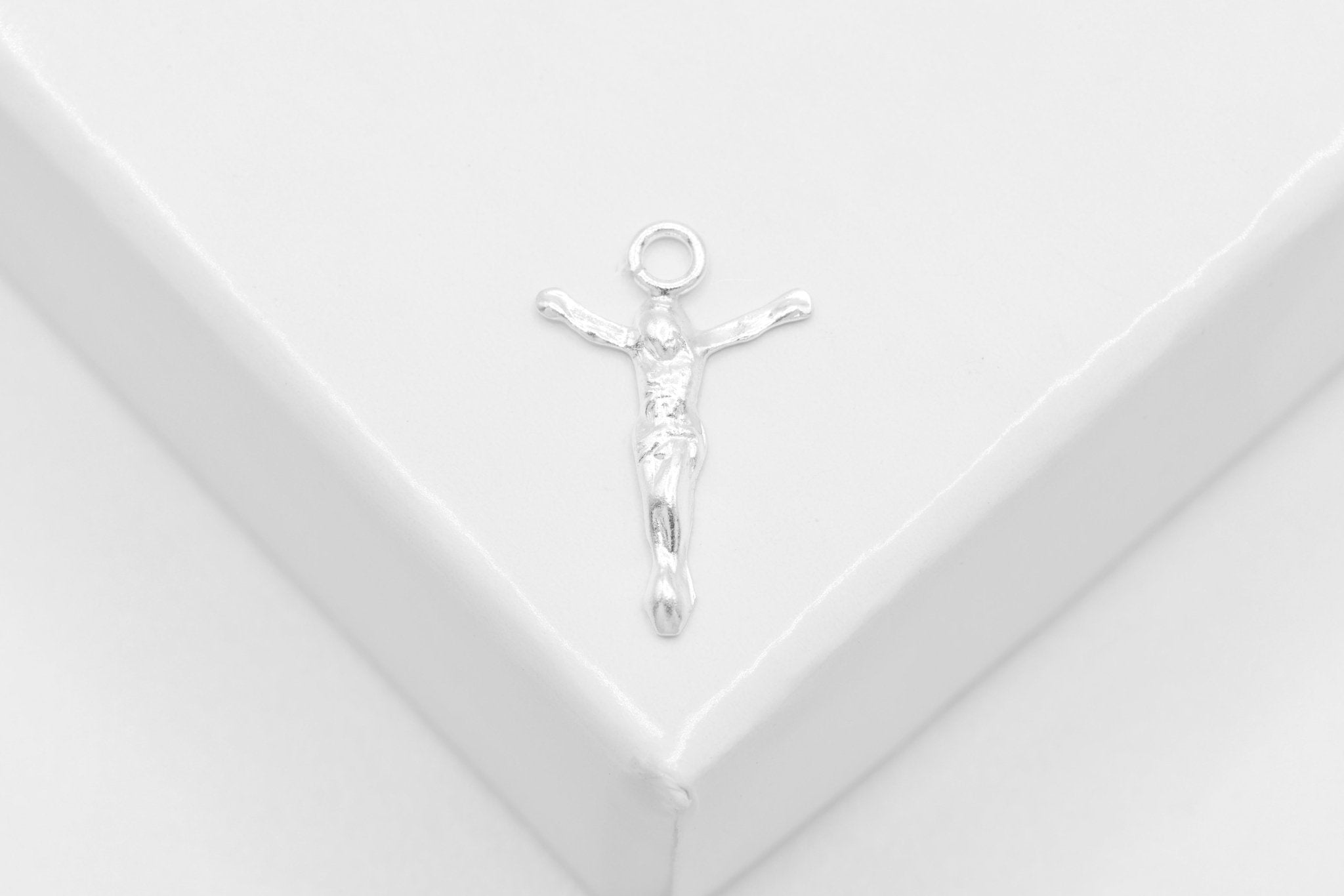 Small Jesus Corpus Crucifix Charm, Wholesale, 925 Sterling Silver, 13mm x 8mm, Passion of Christ Permanent Jewelry - HarperCrown