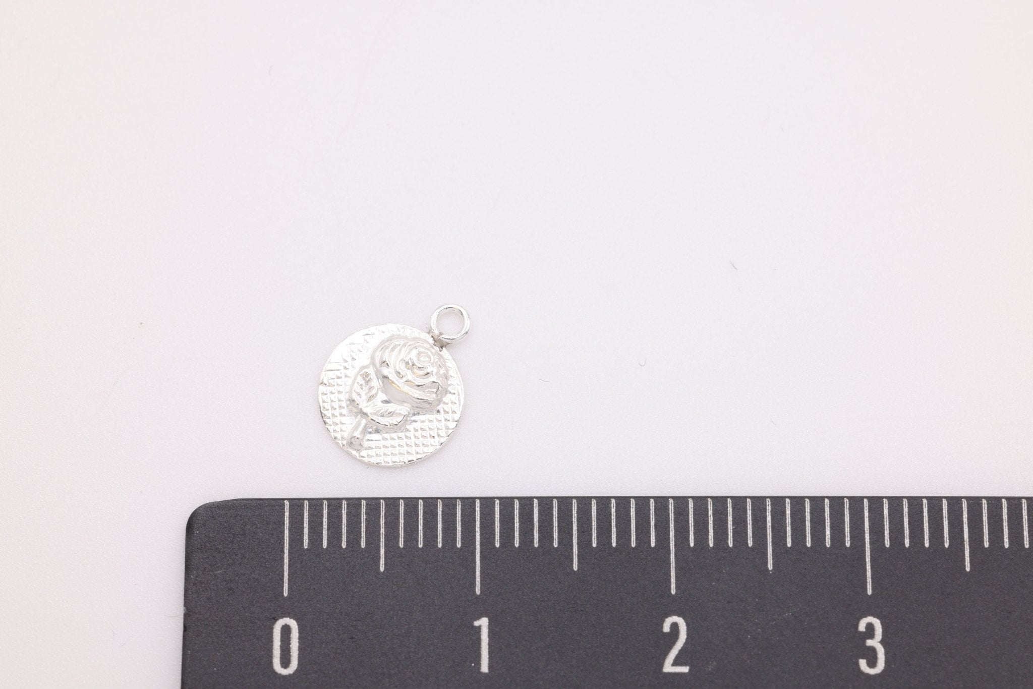Small Rose Textured Circle Charm, 925 Sterling Silver, 7mm, Wholesale - HarperCrown