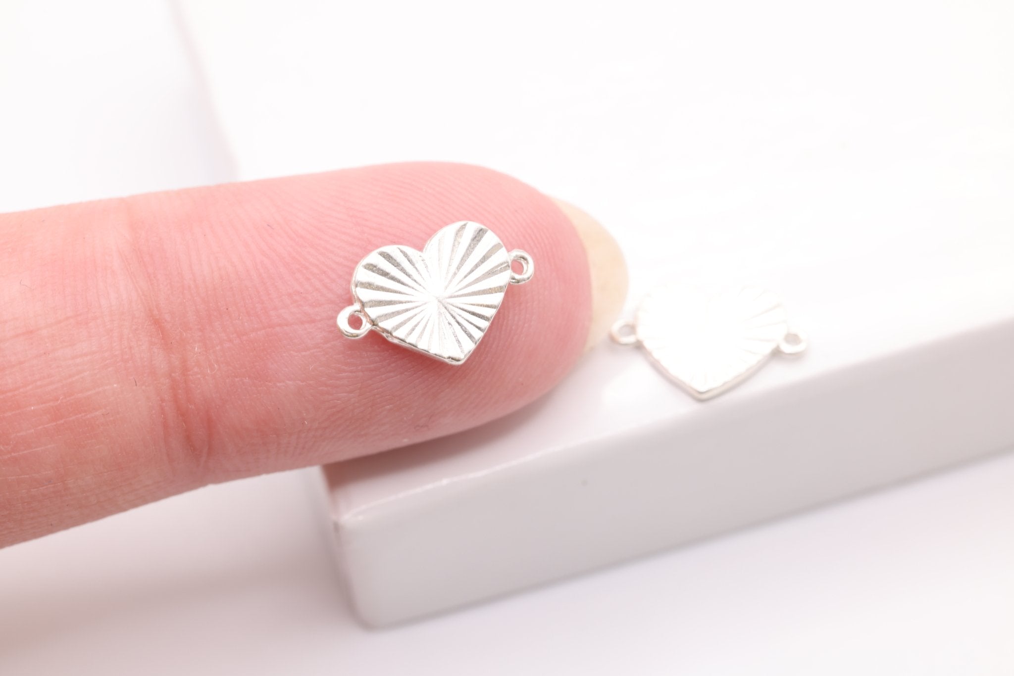 Starburst Heart Connector Charm, 925 Sterling Silver, 11mm x 7mm, Stamping Charm, Bulk Wholesale Jewelry Making Charm - HarperCrown
