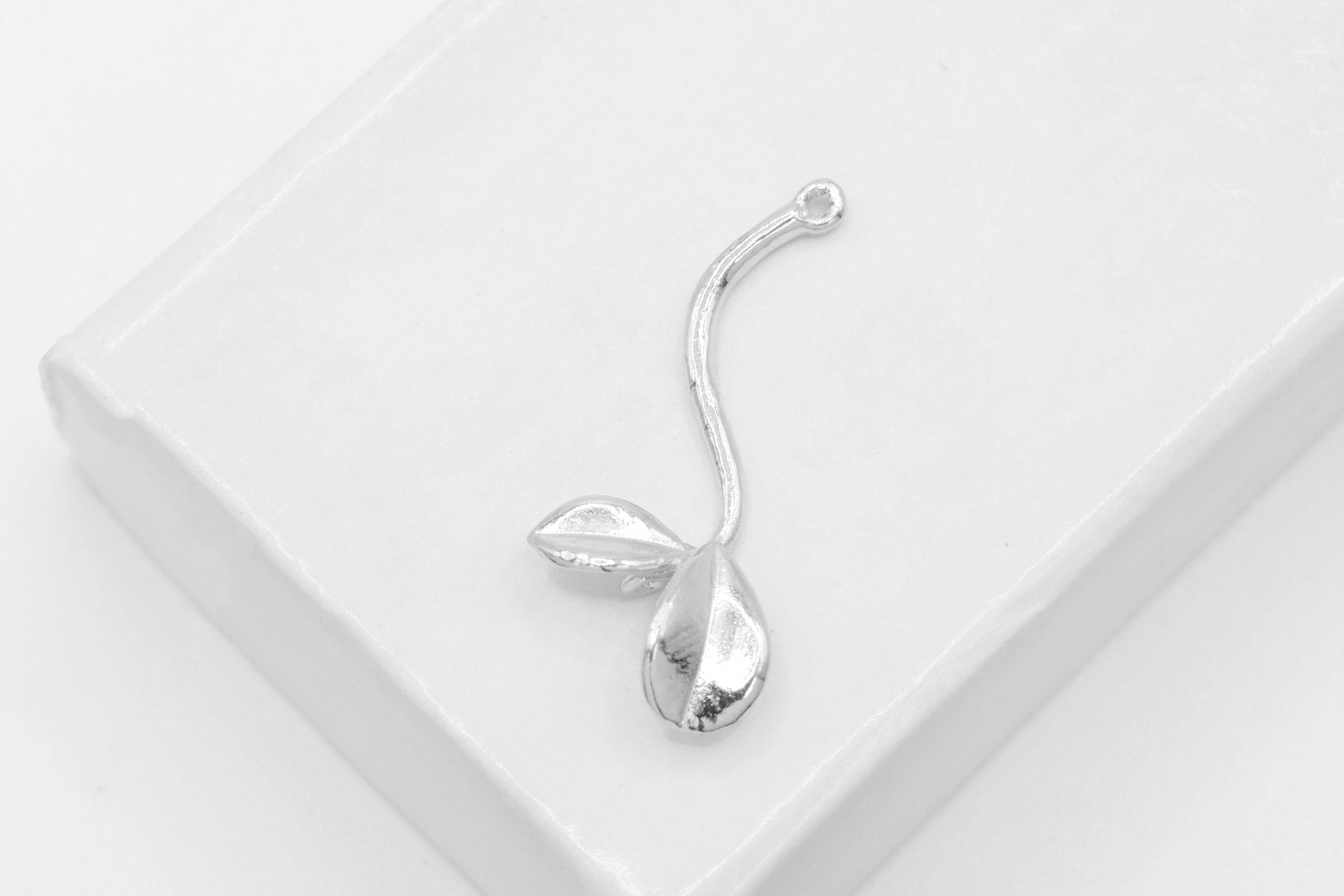 Sterling Silver Small Sprout Charm Connector - 925 Silver Leaf Branch Twig Charm Pendant, Skinny Bean Sprout Charm, Silver Leaf Charm, 196 - HarperCrown