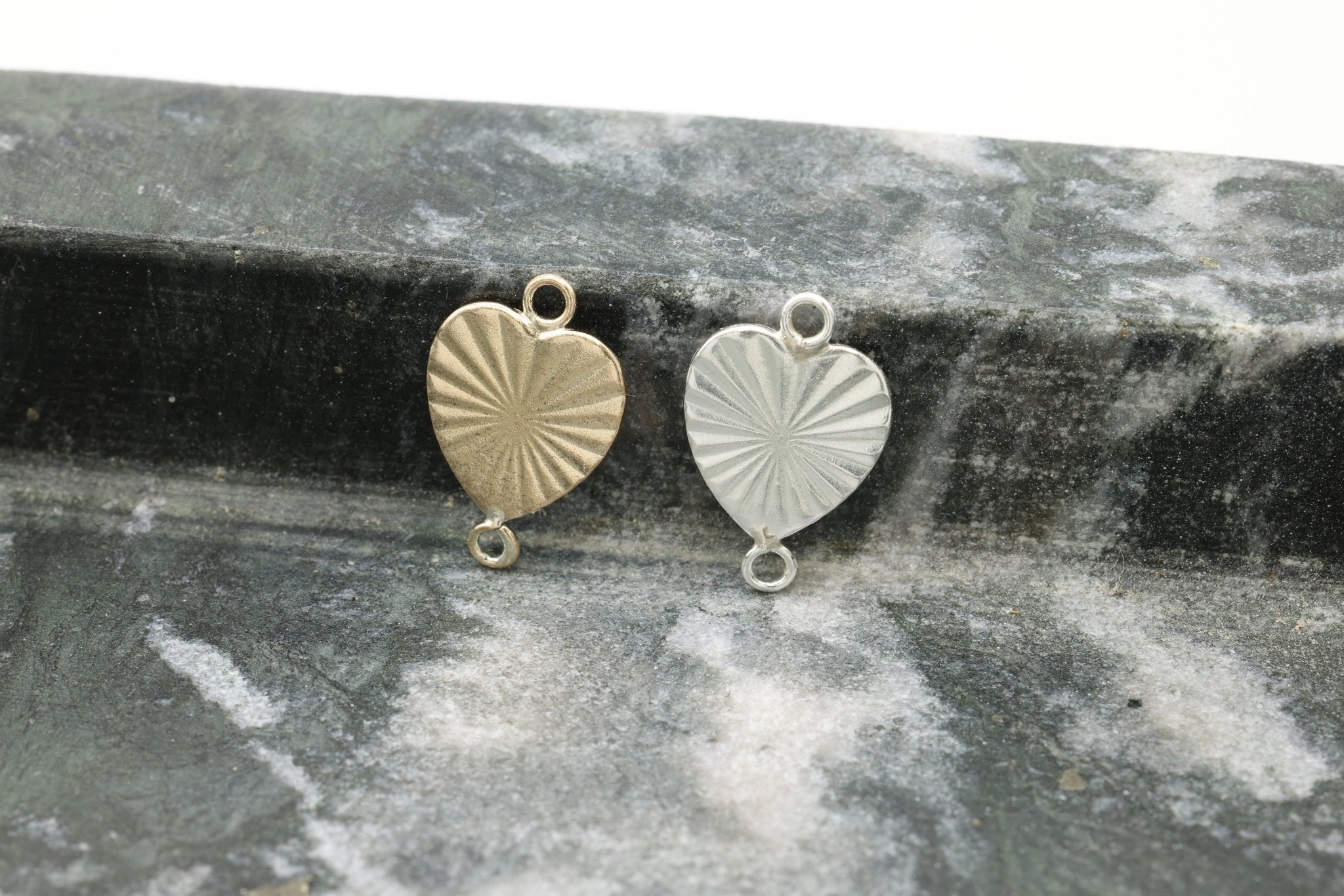 Sunburst Heart Connector Charm, Wholesale, 925 Sterling Silver, 8mm x 8mm, Starburst Textured Heart - HarperCrown