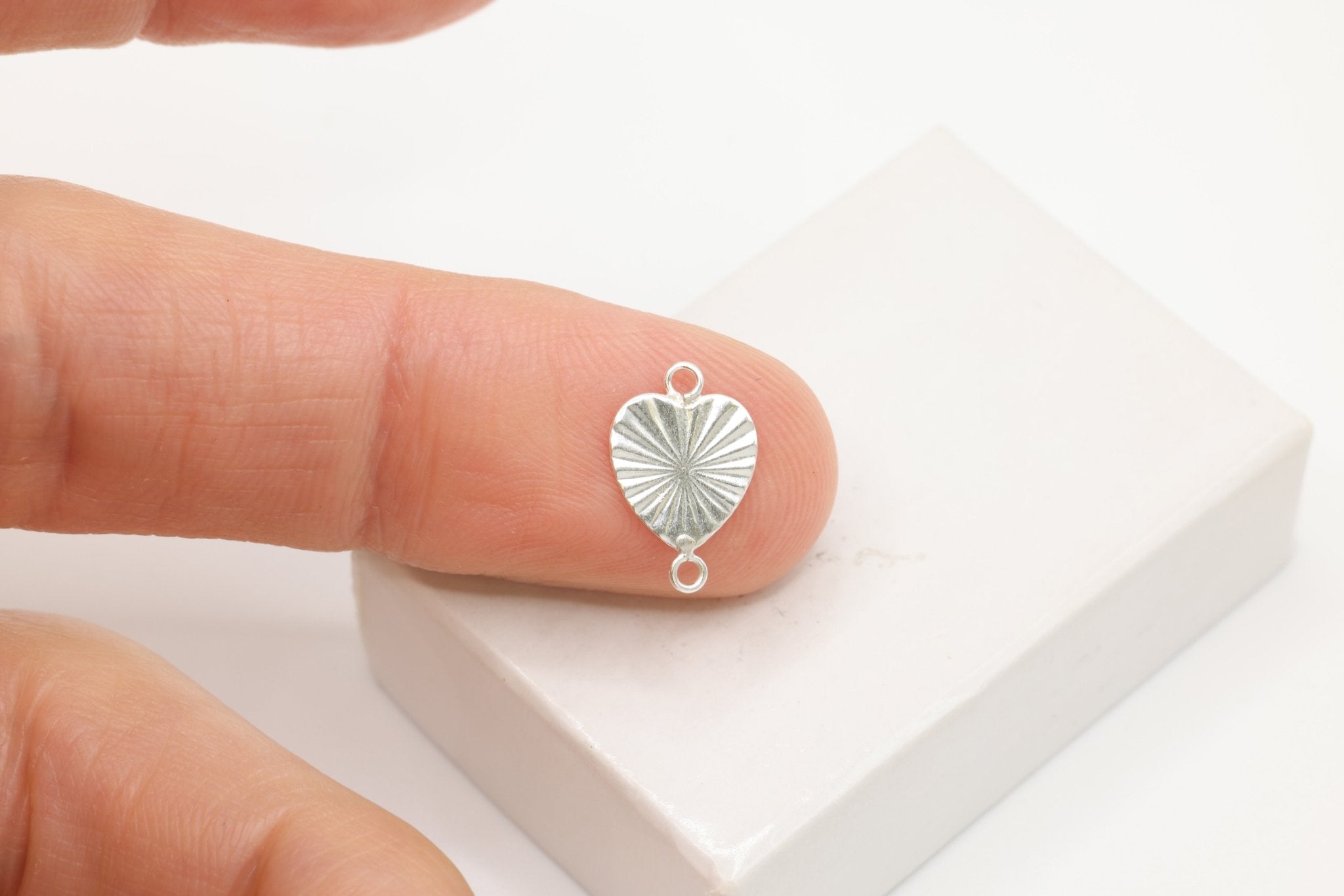 Sunburst Heart Connector Charm, Wholesale, 925 Sterling Silver, 8mm x 8mm, Starburst Textured Heart - HarperCrown