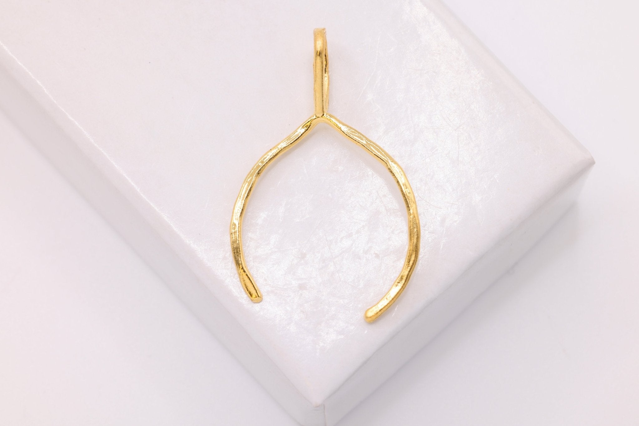 Thin Hammered Wishbone Charm, Wholesale, 14K Solid Gold, 27mm x 14mm - HarperCrown