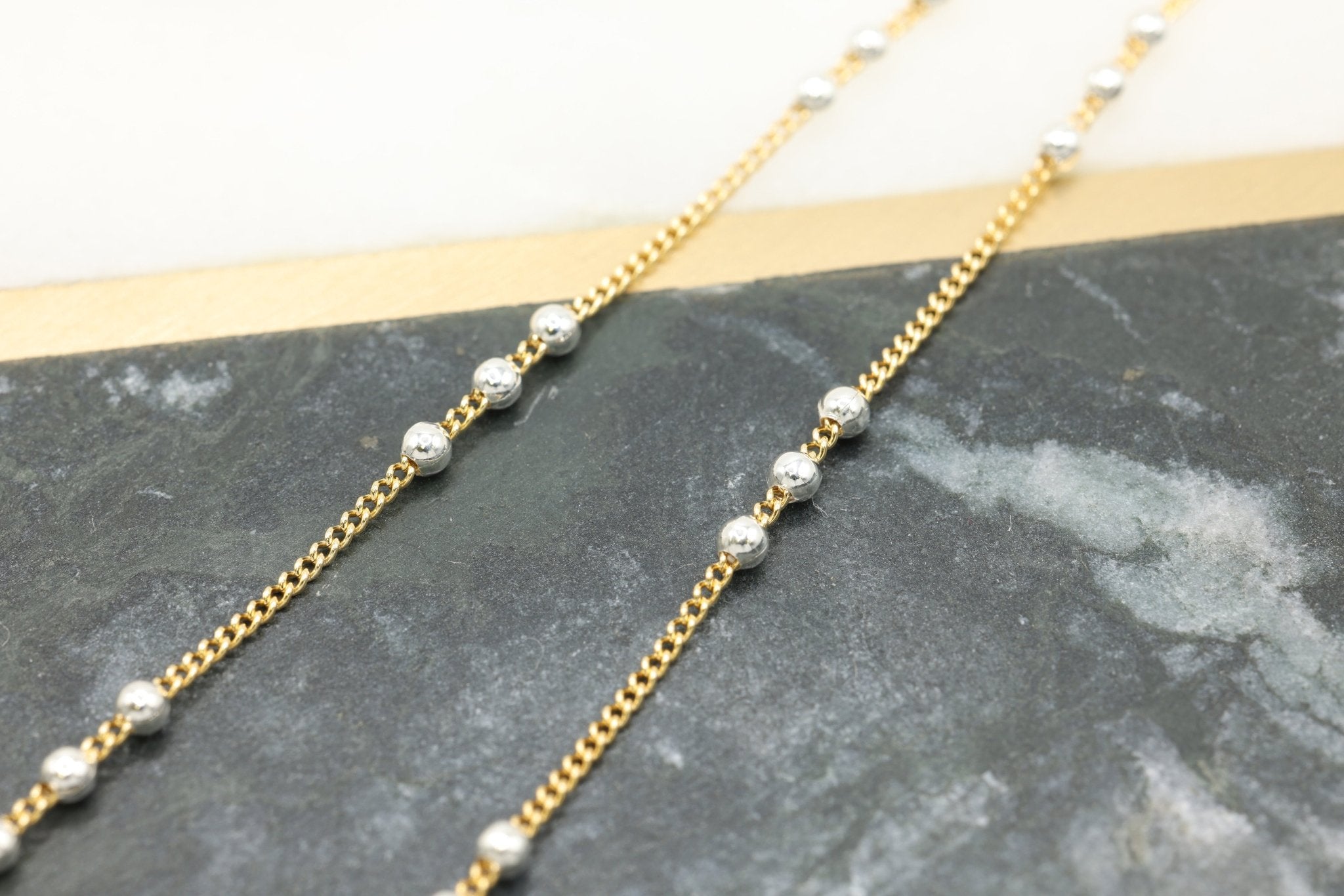 Three Bead Satellite Chain, 14/20 Gold-Filled Chain with 925 Sterling Silver Beads, Wholesale, Pay Per Foot, Jewelry Making Chain - HarperCrown