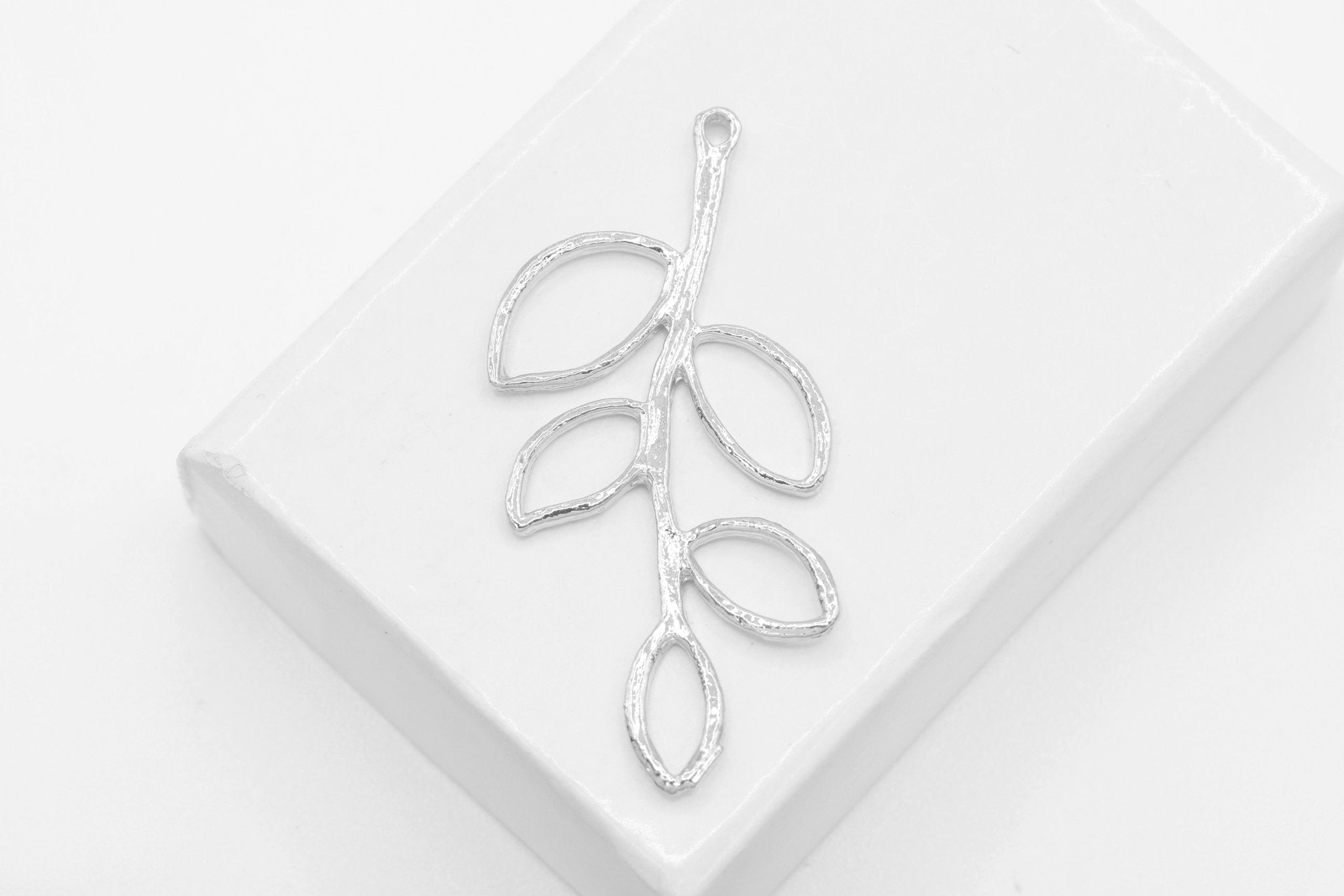 Twig Tree Branch Leaf Charm, 925 Sterling Silver, 35mm x 17mm, Spacer Leaf Connector - HarperCrown
