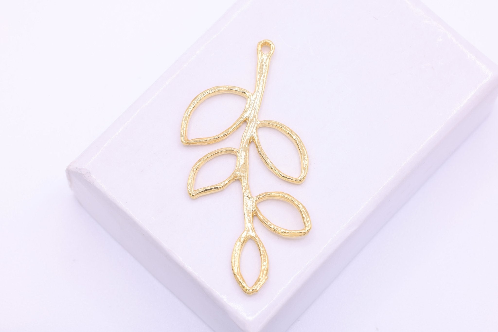 Twig Tree Branch Leaf Charm, 925 Sterling Silver Gold - Plated, 35mm x 17mm, Spacer Leaf Connector - HarperCrown