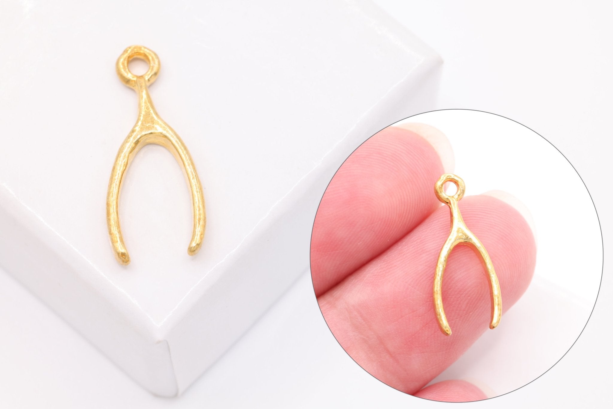 Vermeil Gold Wishbone, 18kt gold plated over Sterling Silver, Glossy Wishbone, Wishbone Charm, Wishbone Pendant, Lucky Wishbone, 37 - HarperCrown