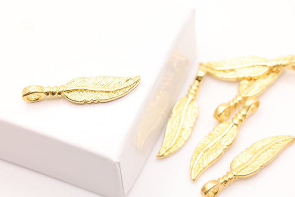 Vermeil Wholesale Gold Feather Charm, 18K Gold Plated over Sterling Silver, Tribal Native Feather Charm - HarperCrown