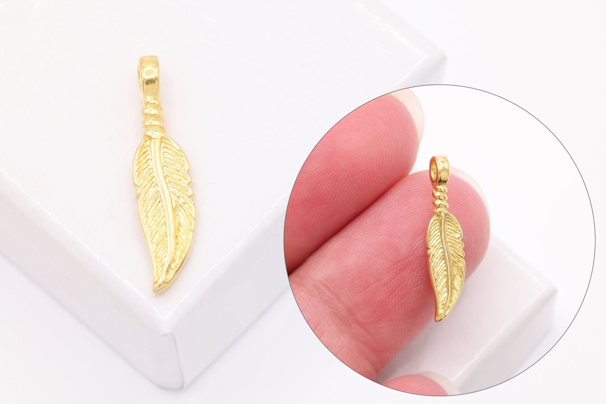 Vermeil Wholesale Gold Feather Charm, 18K Gold Plated over Sterling Silver, Tribal Native Feather Charm - HarperCrown