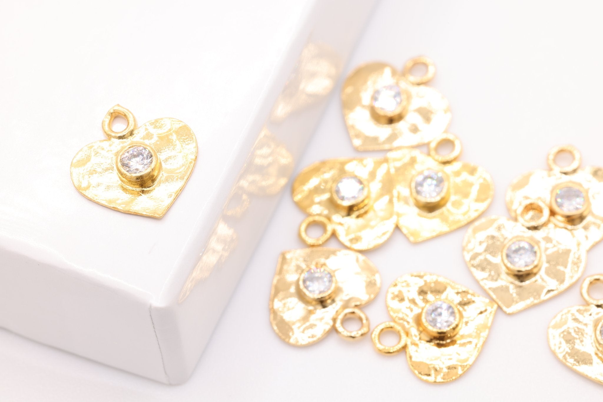 Wholesale Vermeil Gold Hammered Heart Charm- 22k Gold plated over Sterling Silver, Rose Gold, Heart with CZ stone, 10mmx10mm, Love, Friend Charm, 351 - HarperCrown