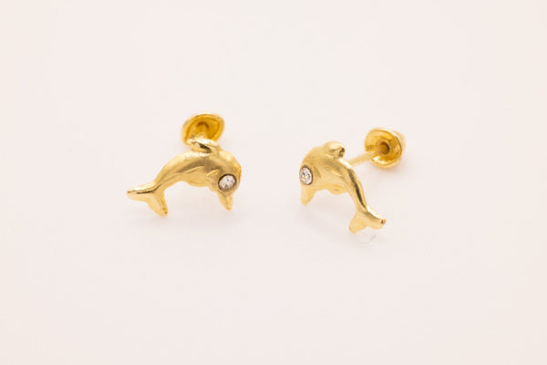 10K Gold Dolphin CZ Stud Wholesale Earrings, .7mm X .5mm, Solid 10K Gold with Cubic Zirconia - HarperCrown