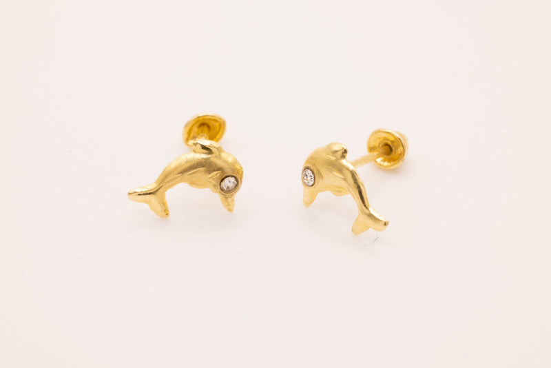 10K Gold Dolphin CZ Stud Wholesale Earrings, .7mm X .5mm, Solid 10K Gold with Cubic Zirconia - HarperCrown