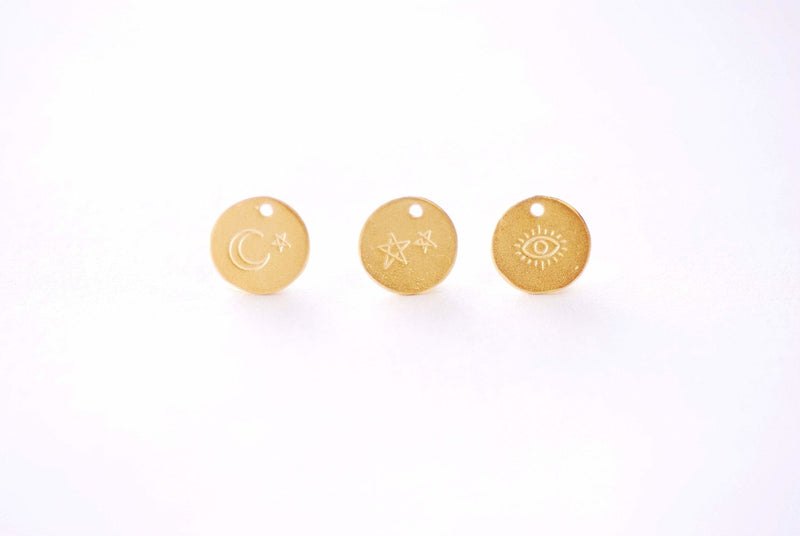 10mm Round Coin Charm, Round Evil Eye Charm, Moon and Star Charm, Twinkle Star Charm, Vermeil 18k gold plated 925 Sterling Silver, J415 - HarperCrown