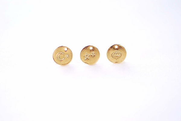 10mm Round Coin Charm, Round Evil Eye Charm, Moon and Star Charm, Twinkle Star Charm, Vermeil 18k gold plated 925 Sterling Silver, J415 - HarperCrown