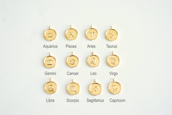 13mm Zodiac Sign Circle Disc Charm - 18k vermeil gold plated 925 Sterling Silver, Astrology Birthday Horoscope Constellation Celestial - HarperCrown