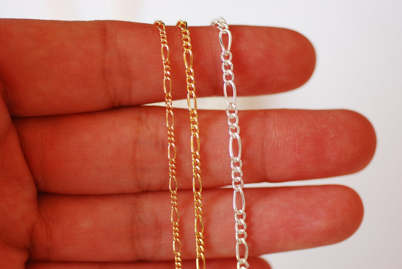 14k Gold Filled 1.5 or 2mm Width Figaro Chain - Chain by foot Unfinished Chain Bulk Wholesale 3 + 1 Links Figaro Sterling Silver 14GF - HarperCrown