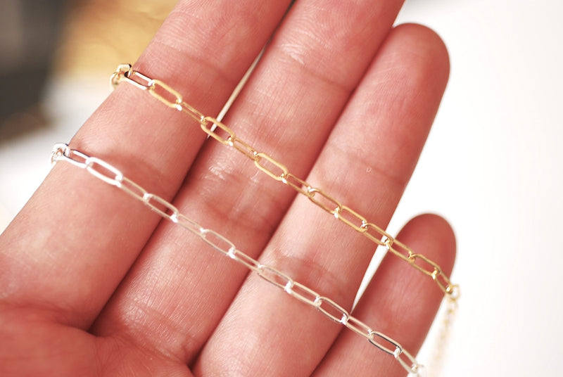 14k Gold Filled 3mm Flat Drawn Cable Chain - 14k gold yellow or Sterling Silver 3mm Rectangle PaperClip Chain Bulk Wholesale DIY Jewelry - HarperCrown