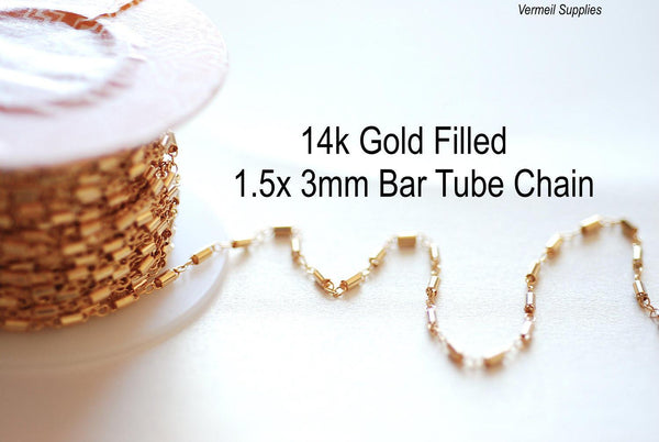 14k Gold Filled 3mm Tube Bar Chain- 14k gf cylinder straight tube bar link, 14/20 GF 1.5mm 3mm Cylinder Bar Chain, Choker Chain Necklace - HarperCrown