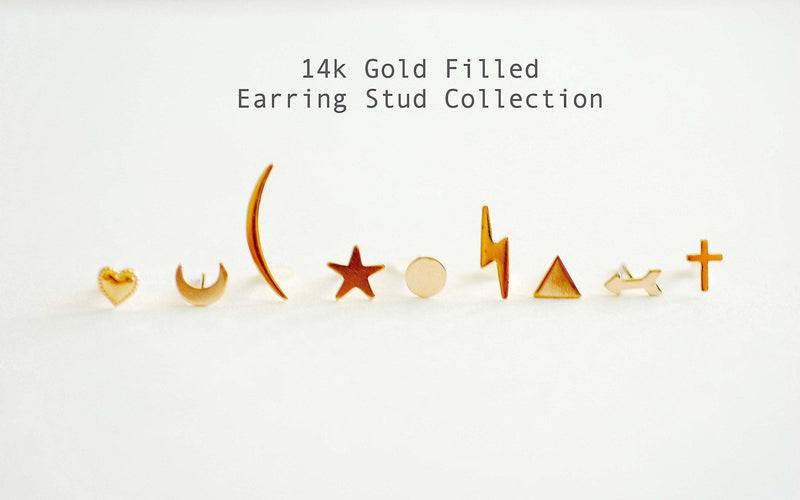 Wholesale 14k Gold Filled Earring Studs, Gold Fill Earrings, Heart, Crescent Moon, Star, Circle, Cross, Arrow, Chevron, Lightning Bolt, Triangle, Bulk Earrings